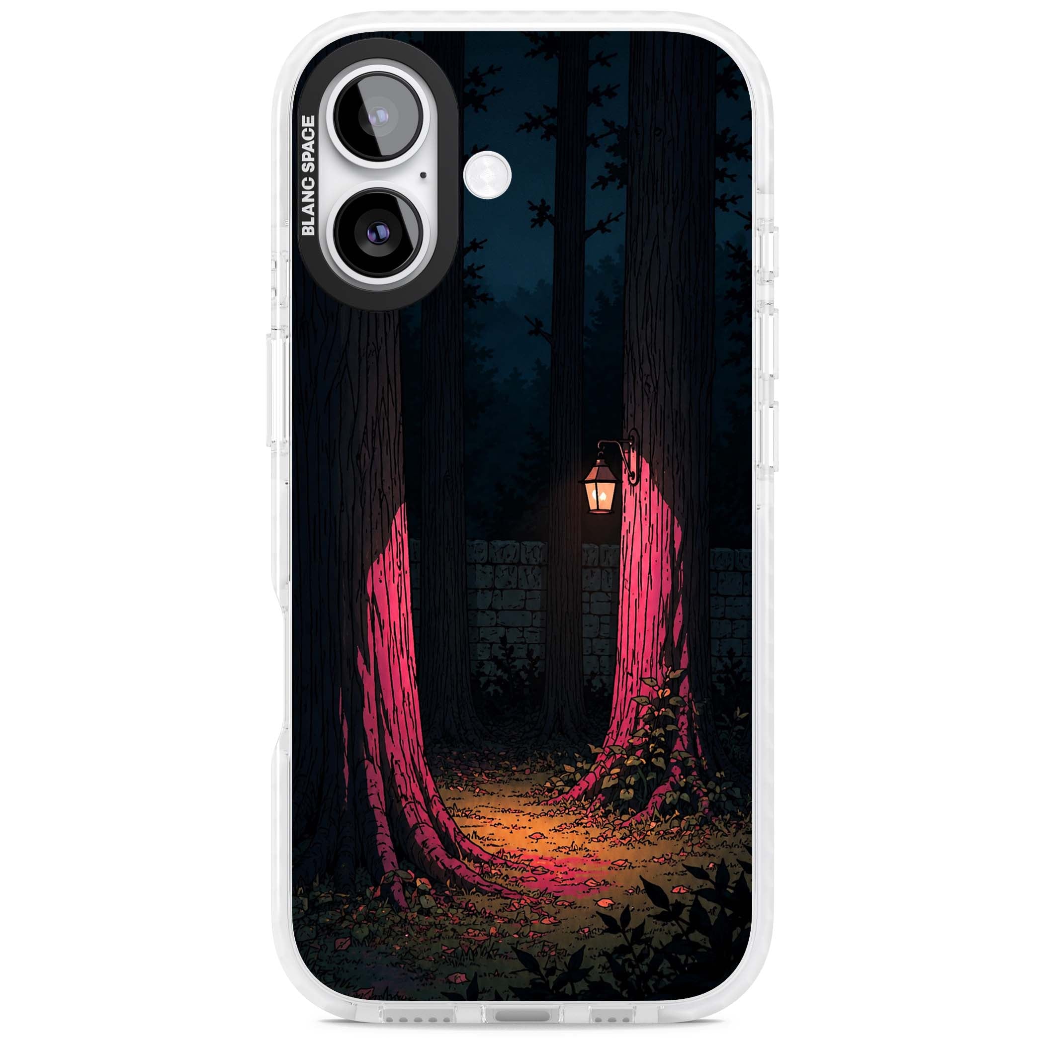 Forest Lantern dark academia iPhone case featuring a moonlit forest, glowing lantern, and stone wall pathway | Black Impact case for iPhone 17