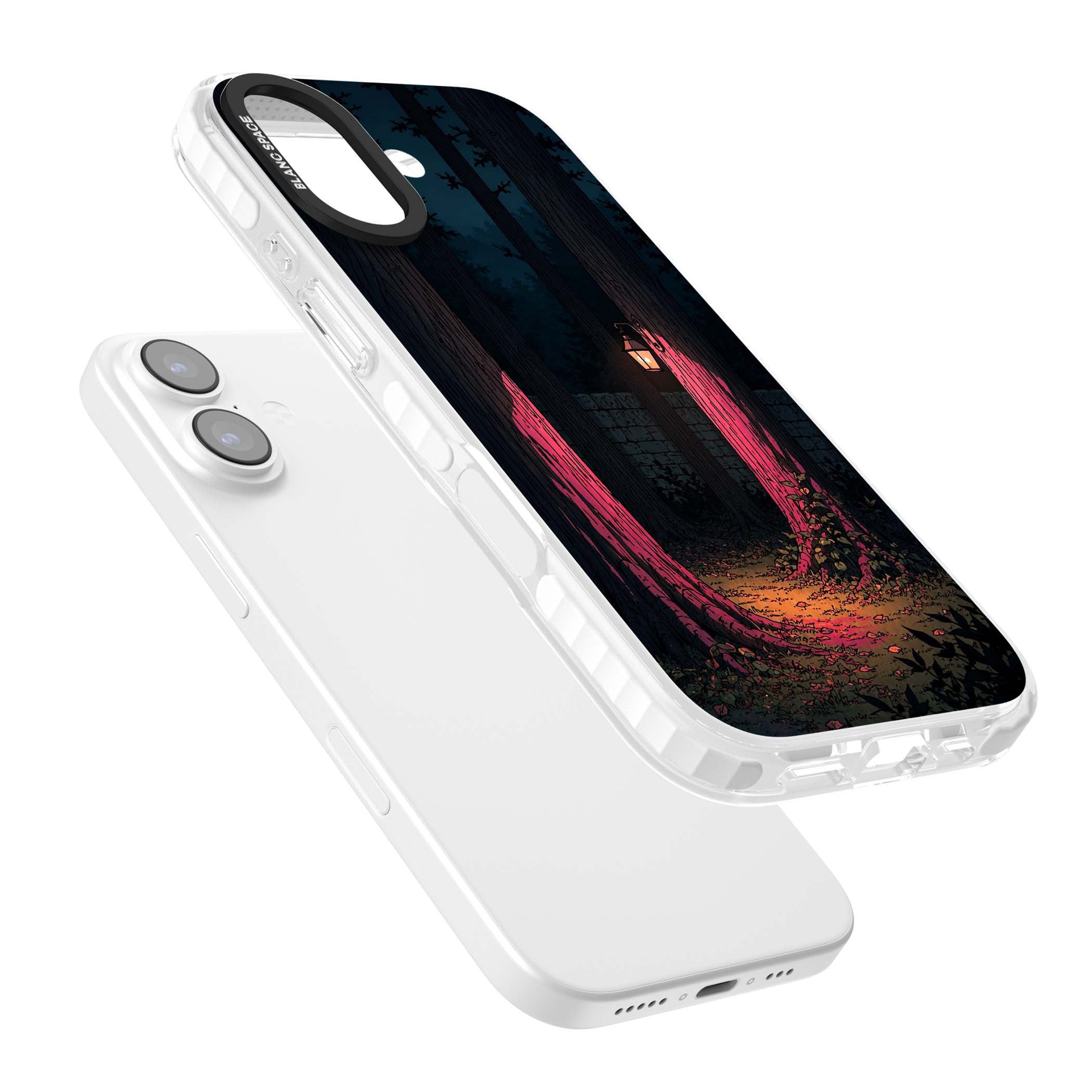Forest Lantern dark academia iPhone case featuring a moonlit forest, glowing lantern, and stone wall pathway | Black Impact case for iPhone 17