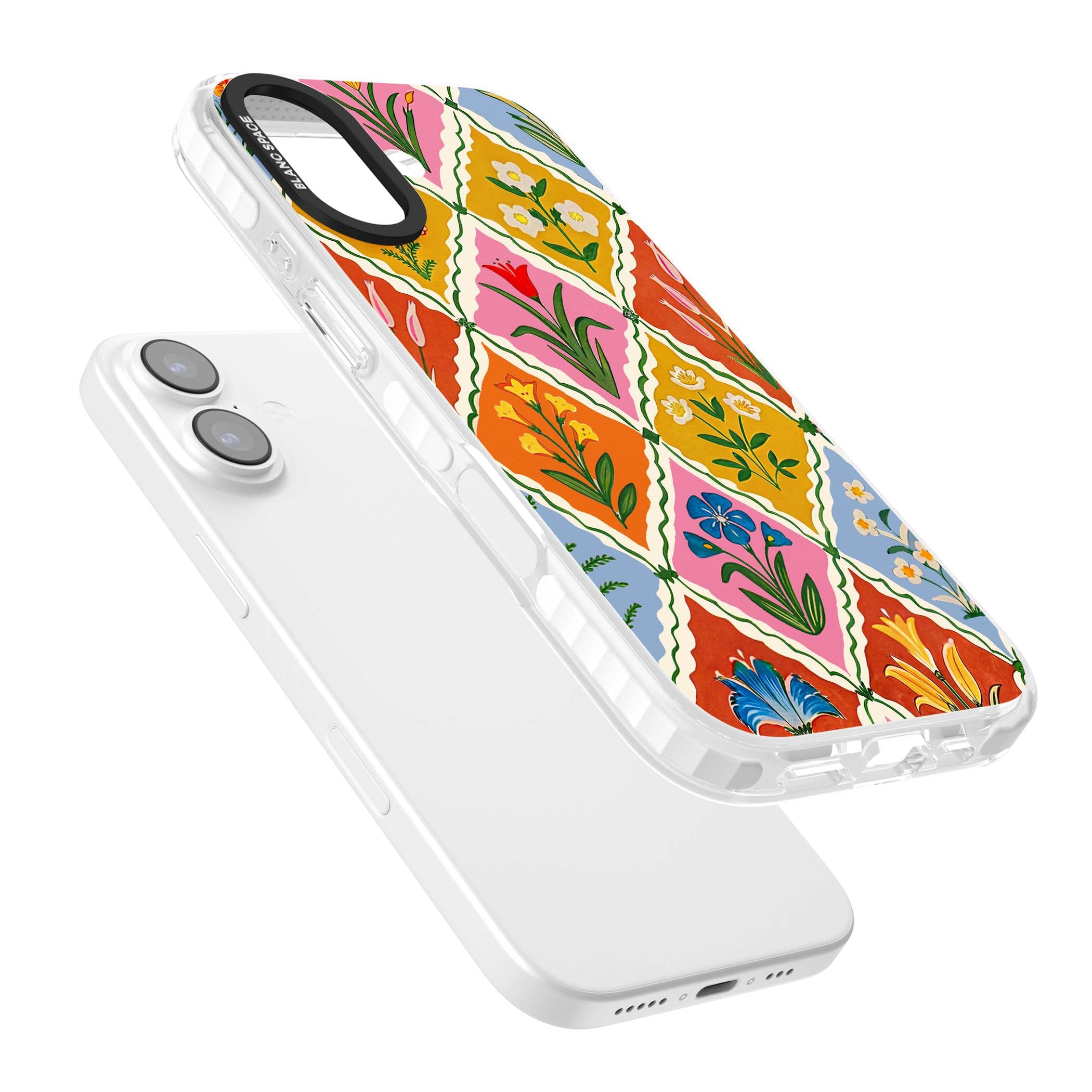 Floral Quilt boho floral iPhone case featuring diamond lattice pattern, hand-painted tulips and folk art wildflowers | Black Impact case for iPhone 17