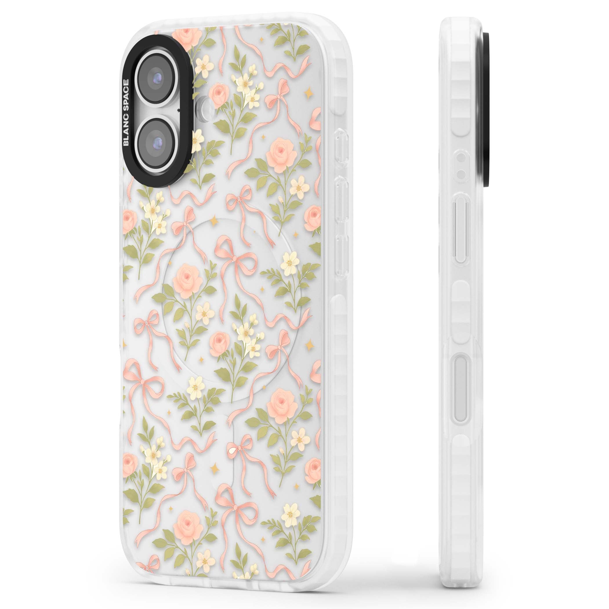 Ribbon Garden coquette iPhone case featuring pink bows, peach roses and wildflowers on white background | Black Impact case for iPhone 17