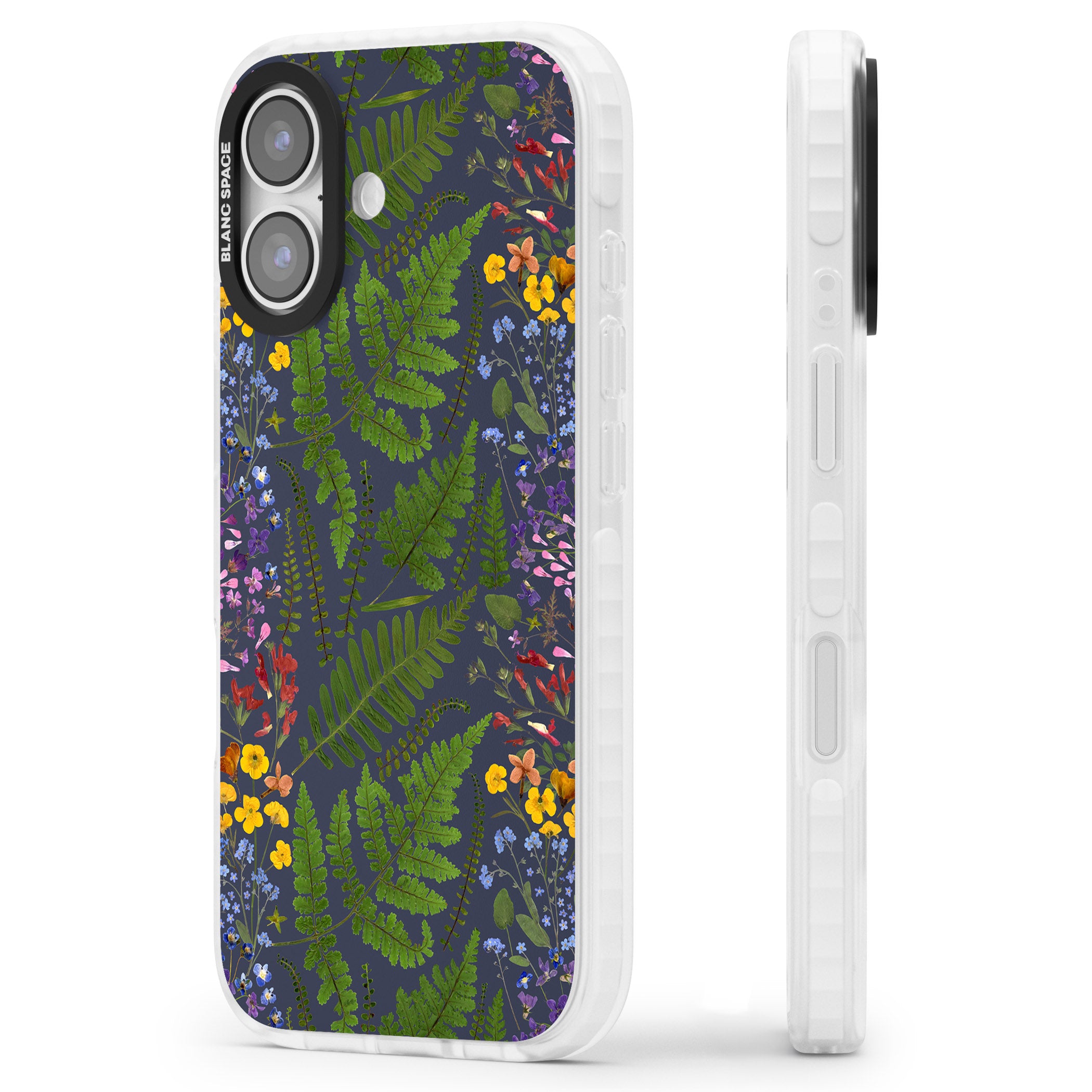 Busy Floral And Fern Design Navy iPhone 17 Impact Clear Phone Case Side Profile