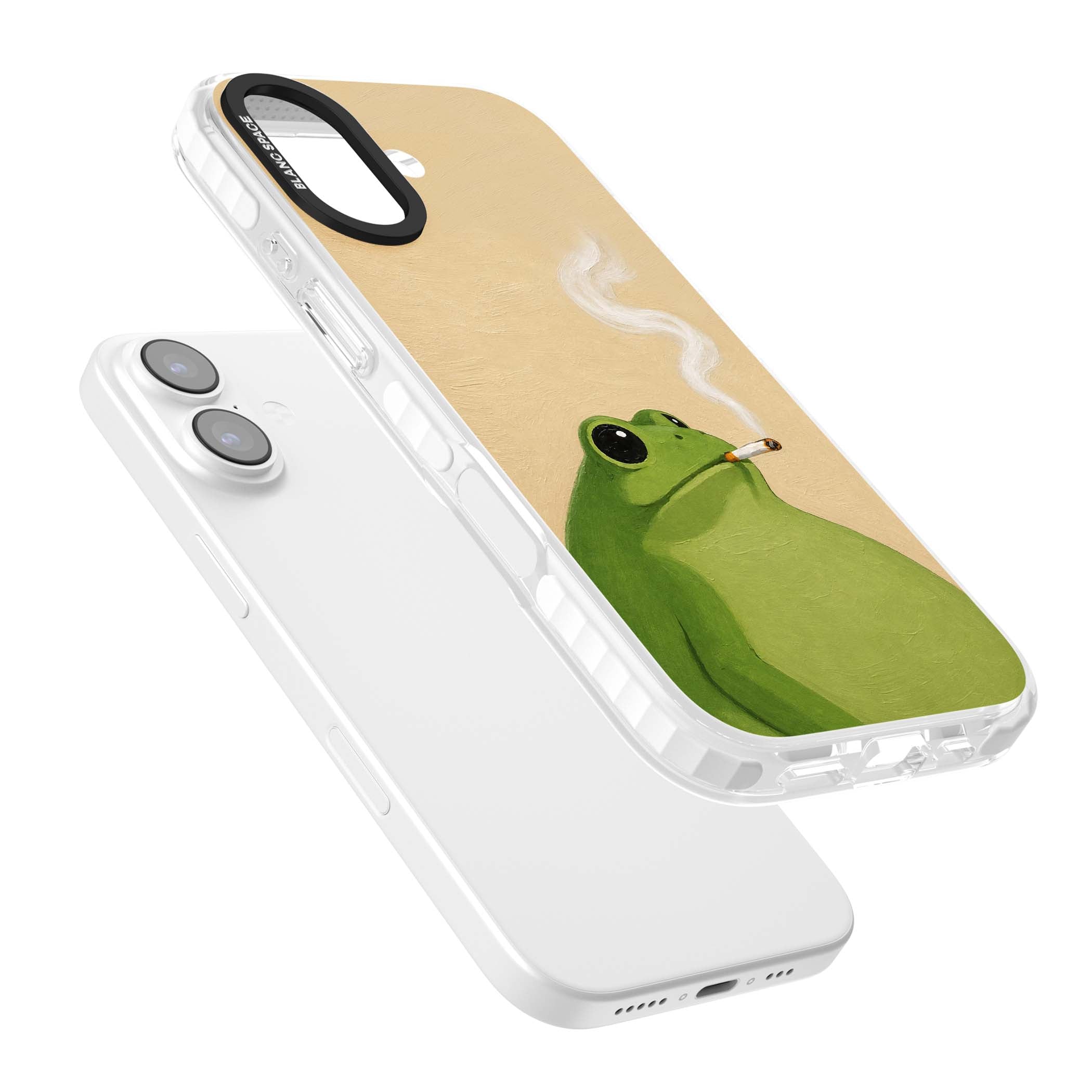 The Smoking Frog cottagecore iPhone case featuring a hand-painted green frog smoking a cigarette on a cream oil painting back | Black Impact case for iPhone 17
