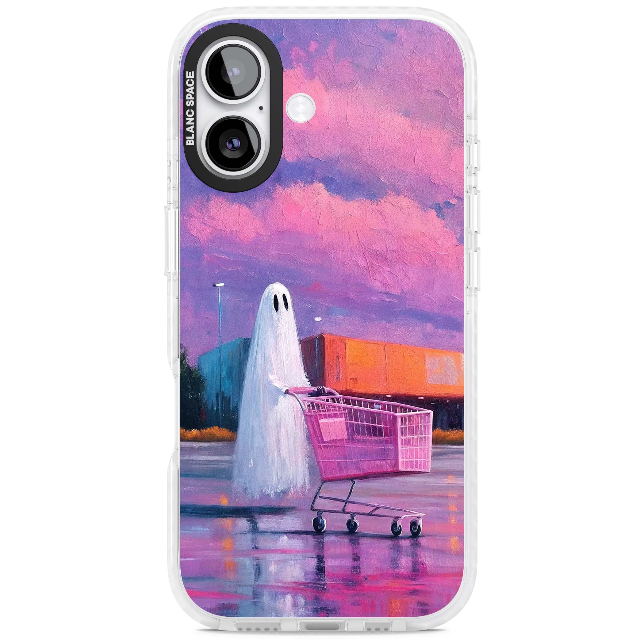 A Ghost's Errand ghost halloween iPhone case featuring a painted ghost, pink shopping trolley and purple sunset sky | Black Impact case for iPhone 17
