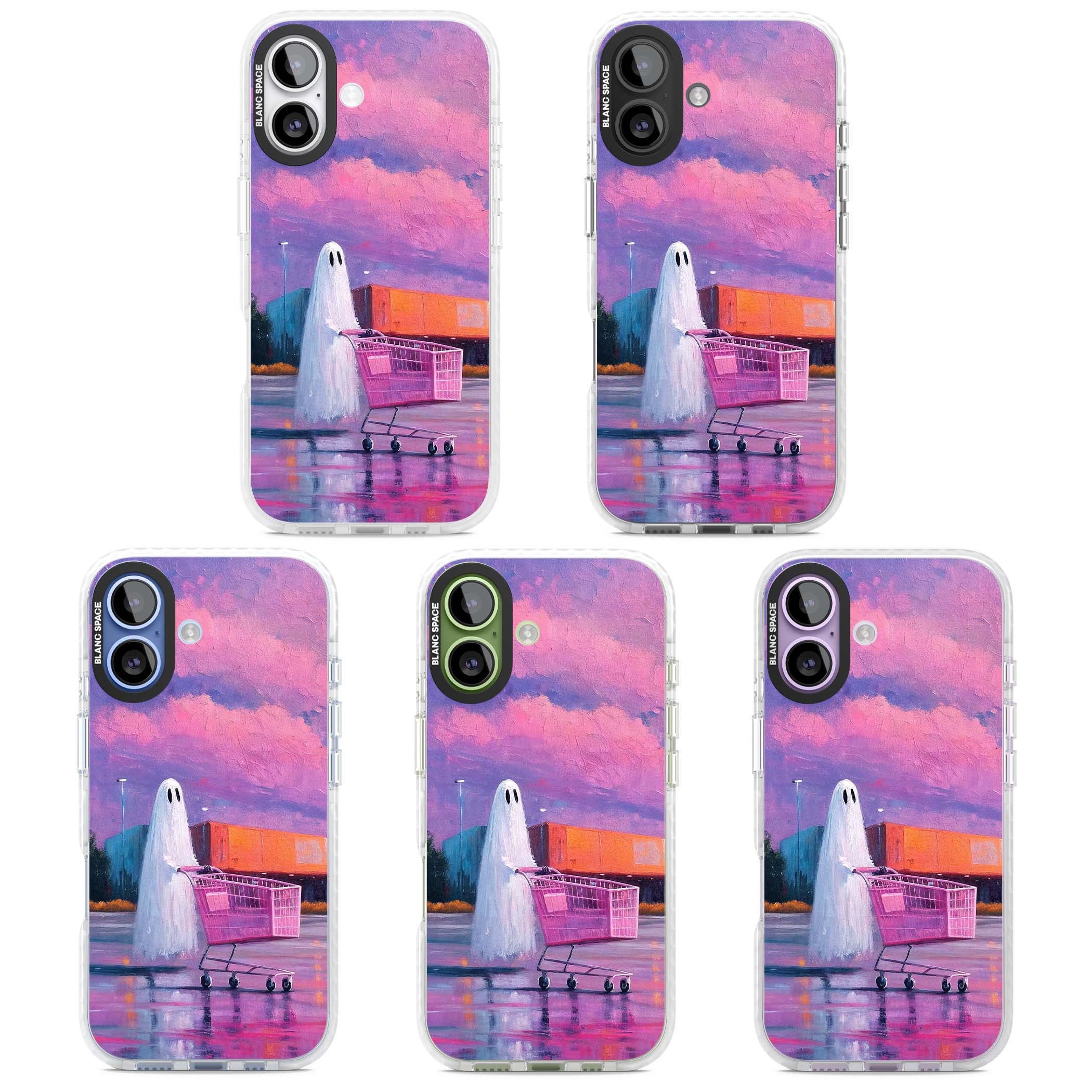 A Ghost's Errand ghost halloween iPhone case featuring a painted ghost, pink shopping trolley and purple sunset sky | Black Impact case for iPhone 17