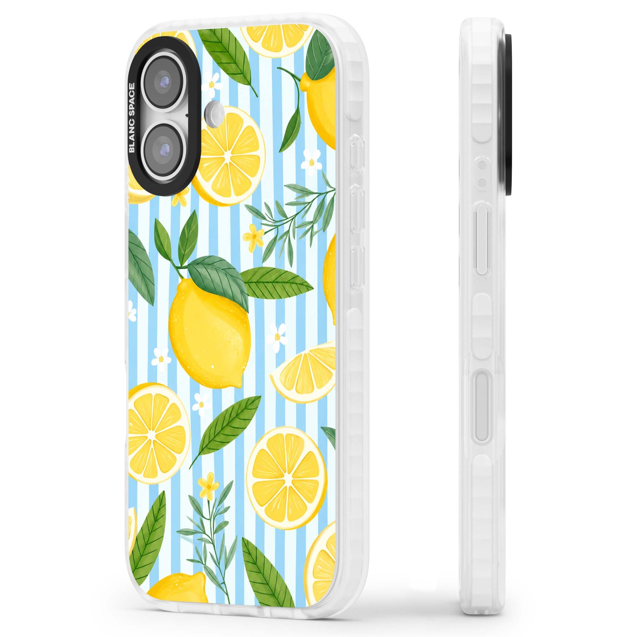 Capri Citrus Stripe coastal iPhone case featuring yellow lemons, blue stripes, and white daisy blossoms | Black Impact case for iPhone 17