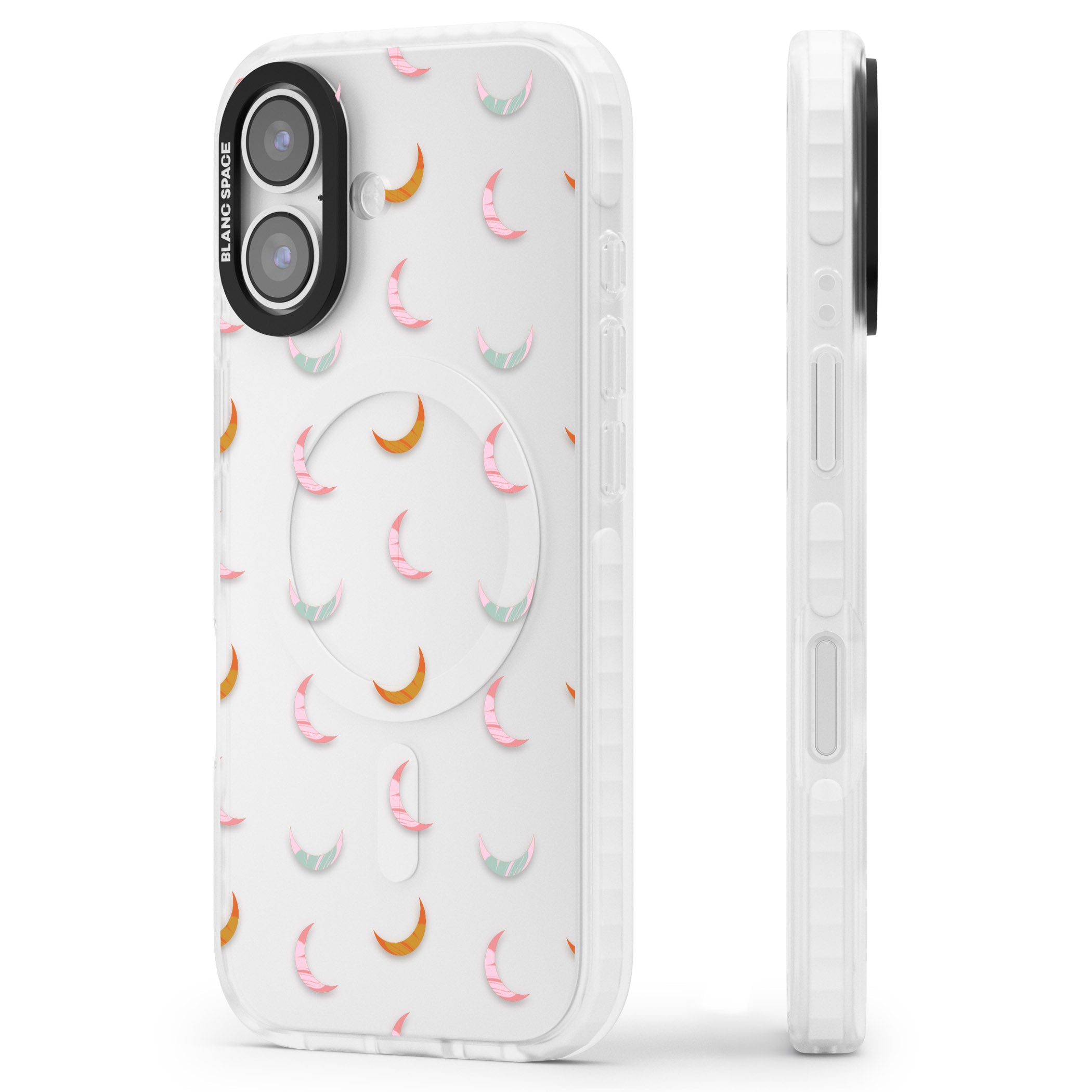Colourful Crescent Moons iPhone 17 Impact Clear Phone Case Side Profile