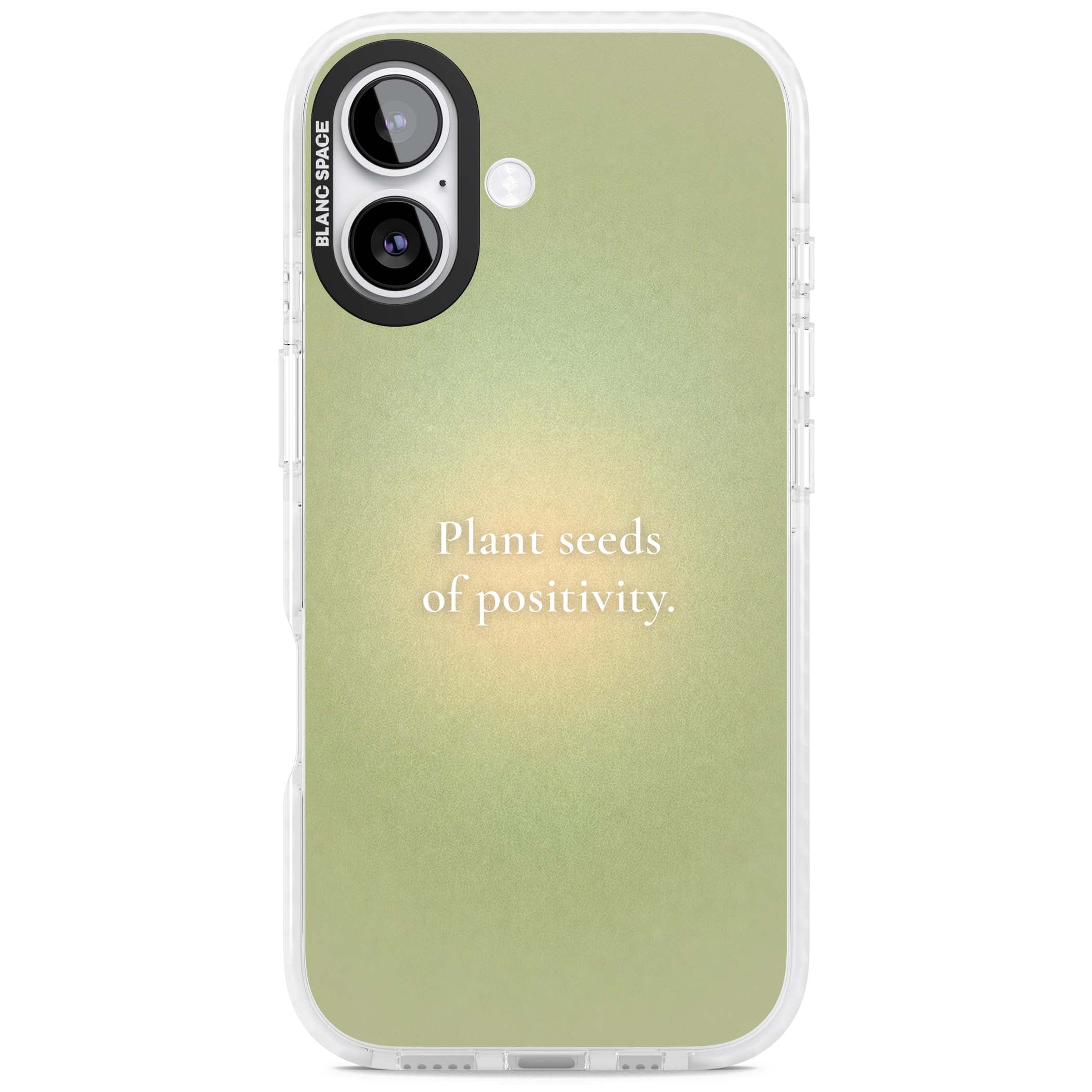 Seeds of Positivity quote iPhone case featuring a sage green aura gradient and golden glow affirmation | Impact Magsafe case for iPhone 17
