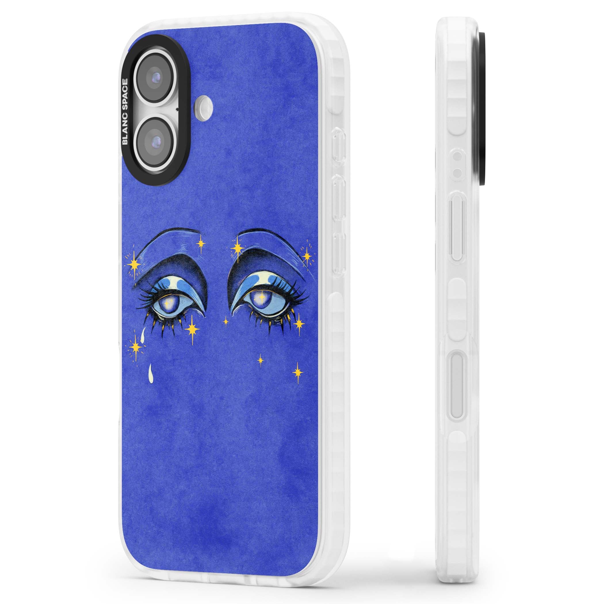 Blue Mystic Eyes celestial iPhone case featuring hand drawn blue mystical eyes, golden stars and a painted tear on indigo | Impact Magsafe case for iPhone 17