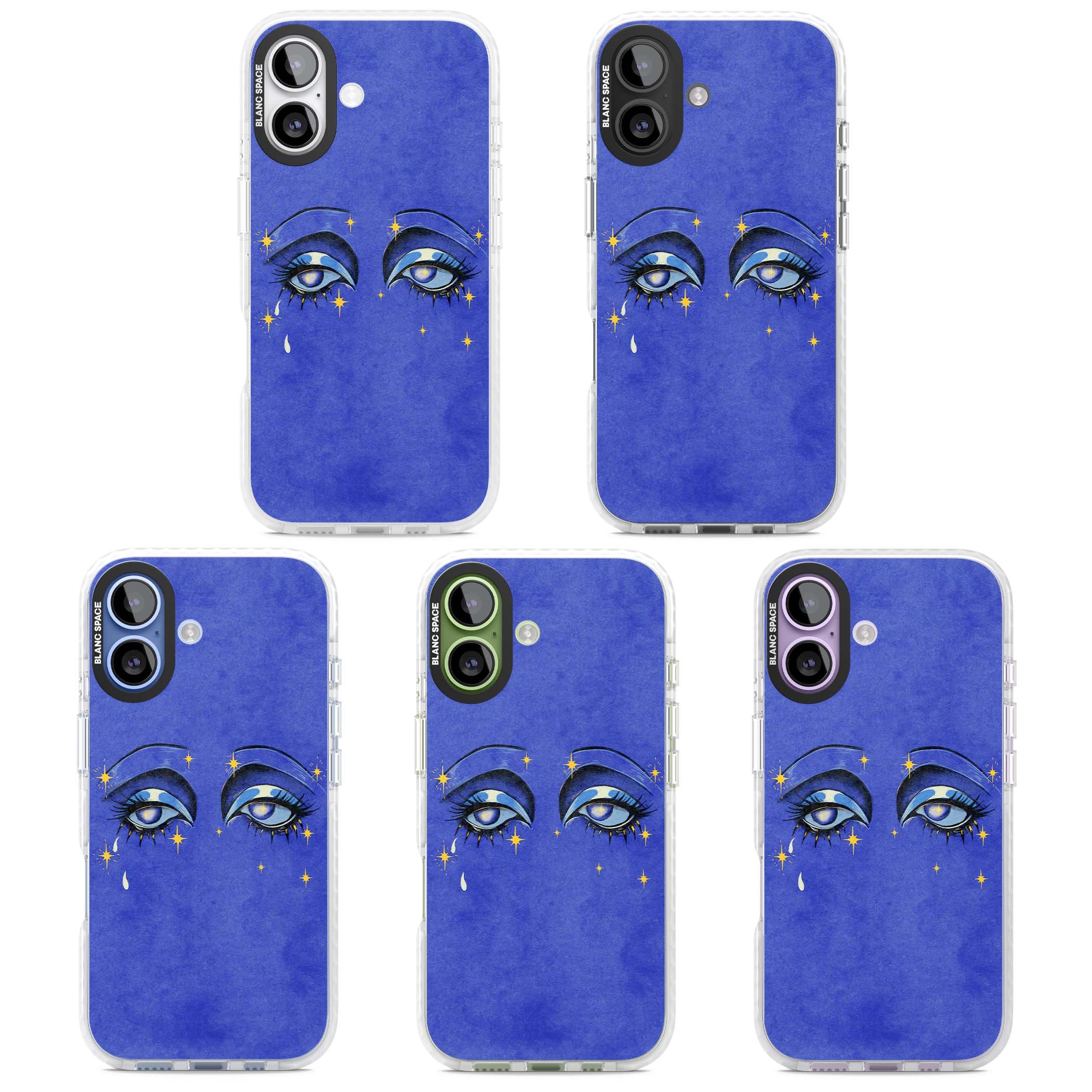 Blue Mystic Eyes celestial iPhone case featuring hand drawn blue mystical eyes, golden stars and a painted tear on indigo | Impact Magsafe case for iPhone 17