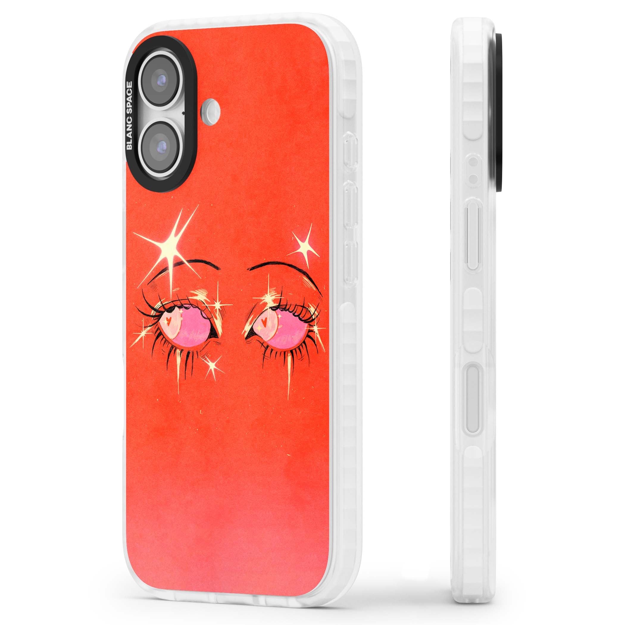 Pink Ethereal Eyes anime iPhone case featuring hand-drawn sparkly eyes with pink hearts and gold stars on red | Impact Magsafe case for iPhone 17