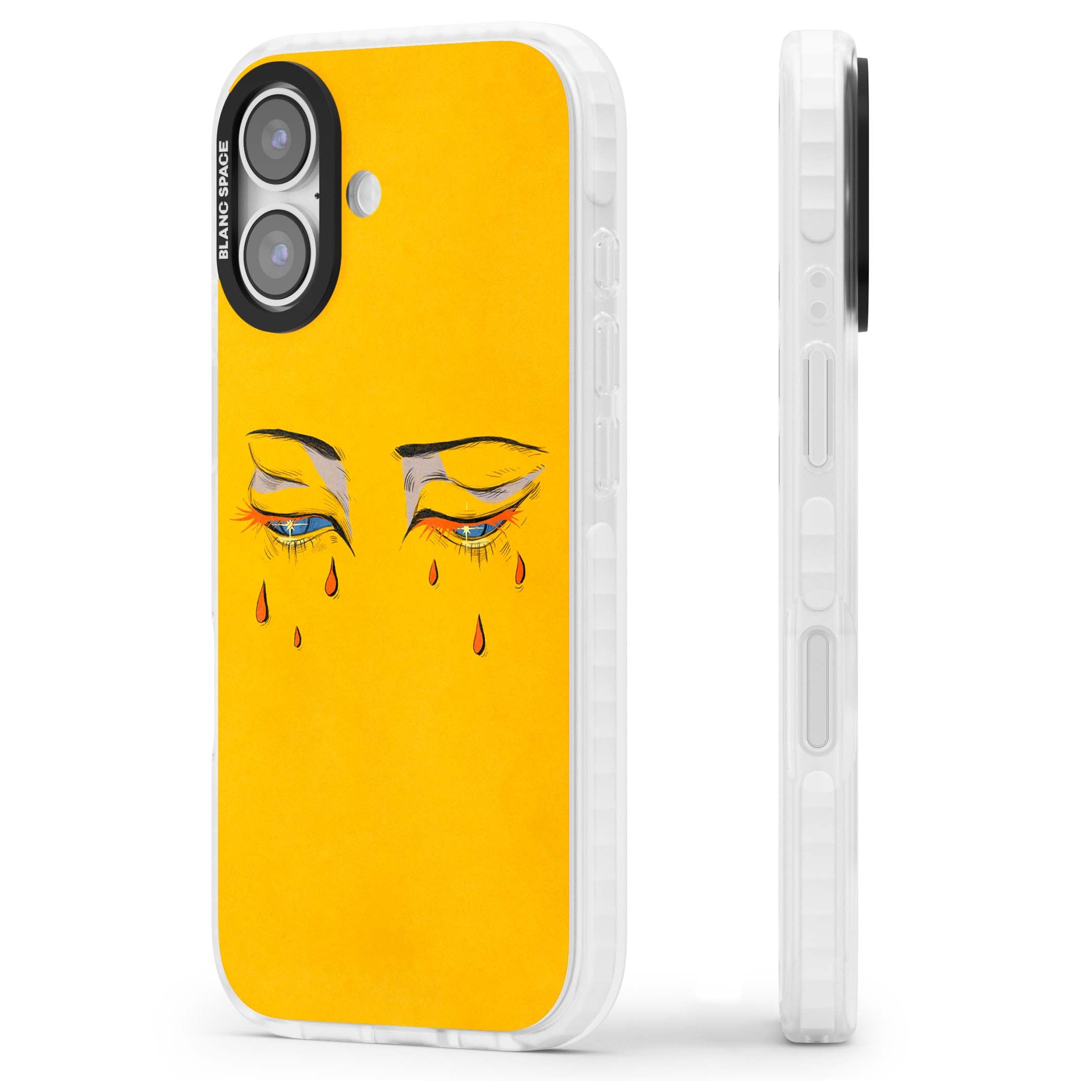 Yellow Tearful Eyes indie iPhone case featuring hand-drawn crying eyes with orange tears on a yellow background | Impact Magsafe case for iPhone 17