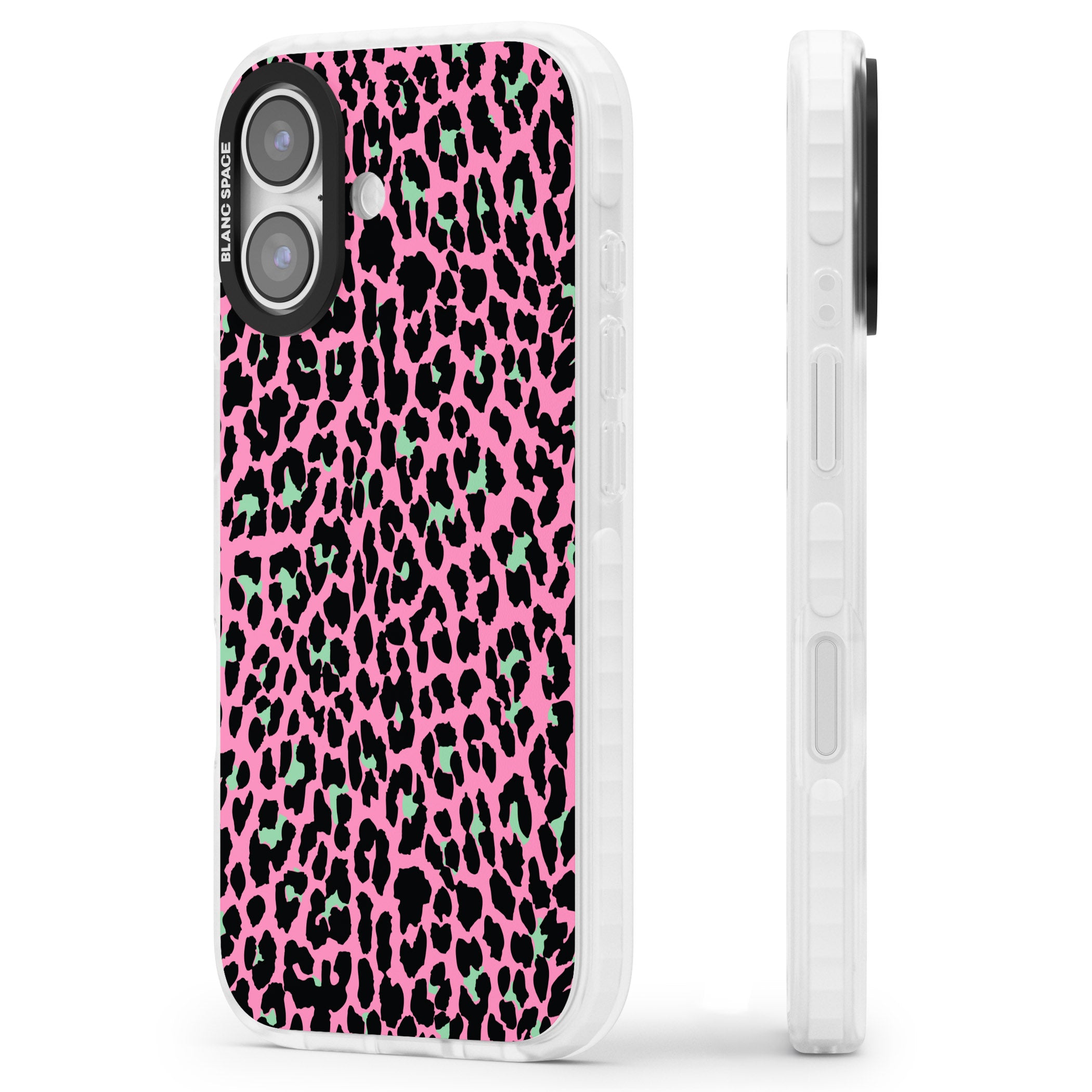 Pink & Green Leopard iPhone 17 Impact Pro Clear Phone Case Side Profile