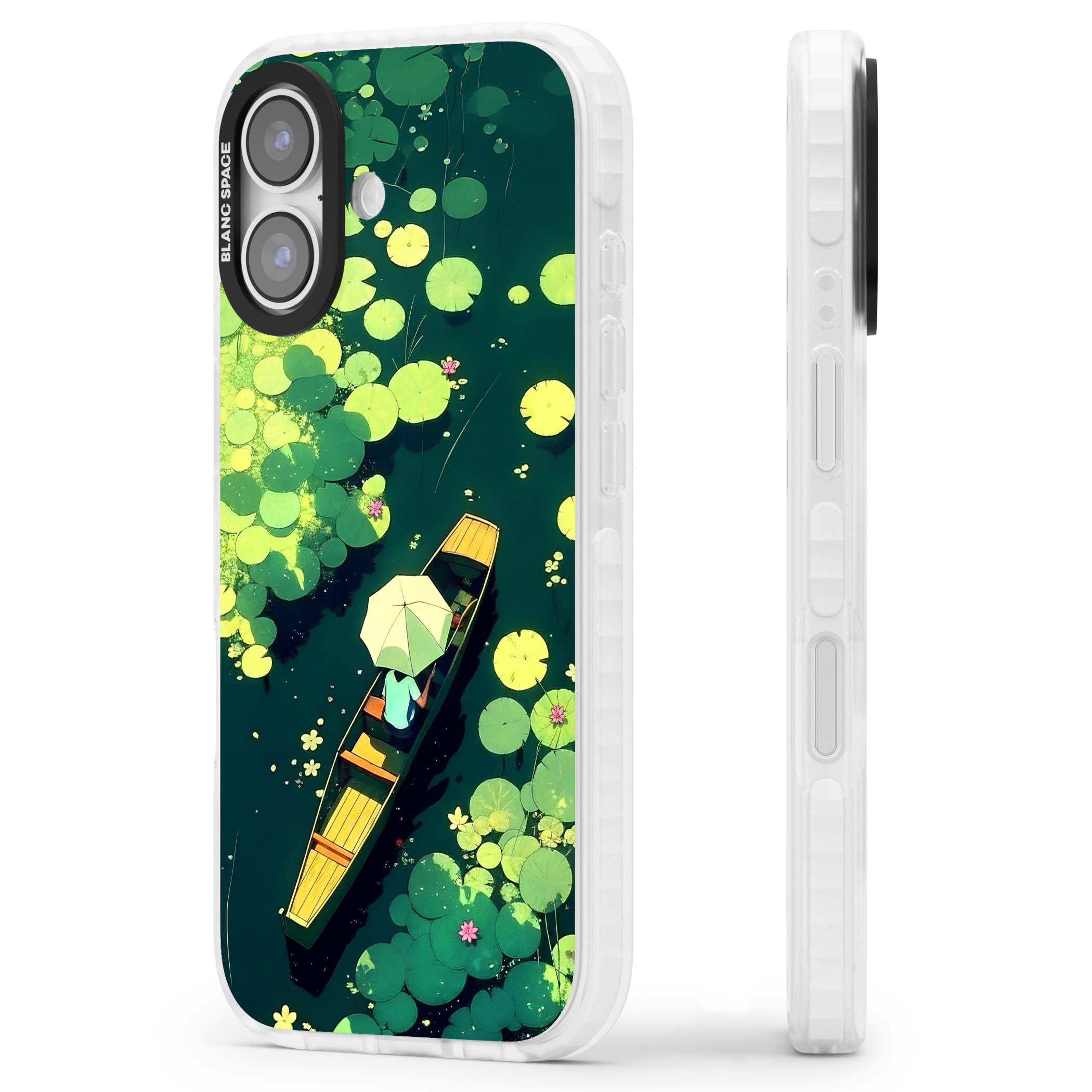 Jade Waters cottagecore iPhone case featuring a painted lily pond, wooden boat with parasol and floating water lilies | Impact Magsafe case for iPhone 17