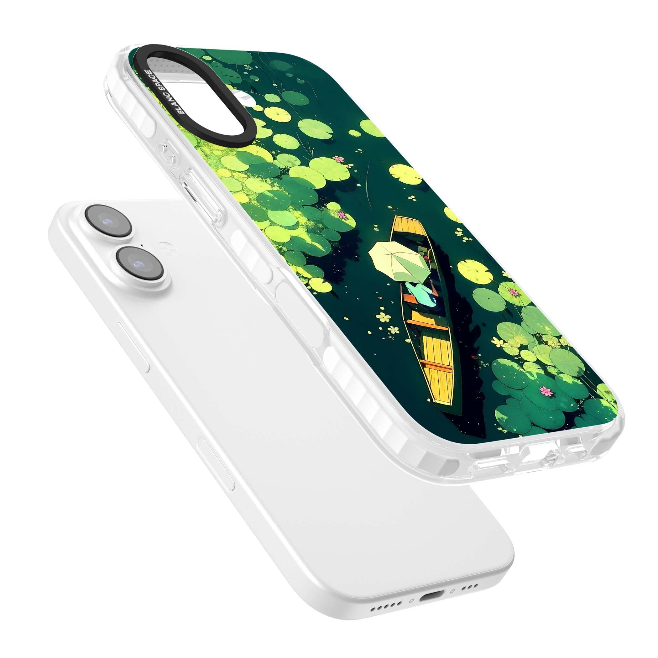 Jade Waters cottagecore iPhone case featuring a painted lily pond, wooden boat with parasol and floating water lilies | Impact Magsafe case for iPhone 17