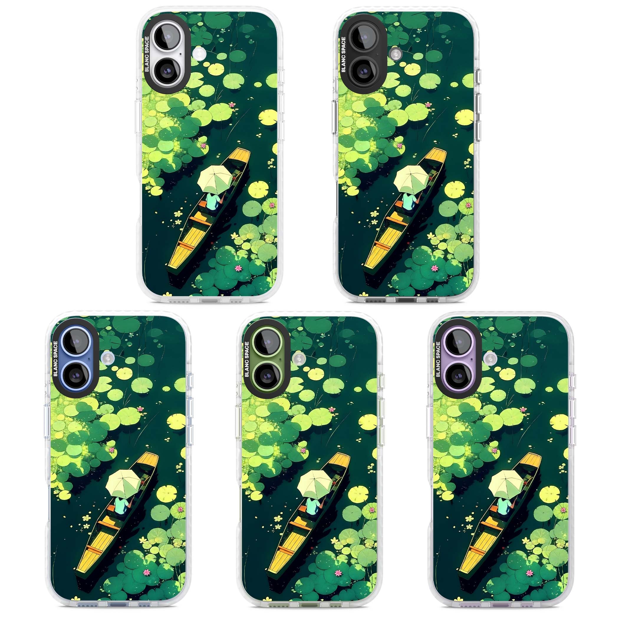 Jade Waters cottagecore iPhone case featuring a painted lily pond, wooden boat with parasol and floating water lilies | Impact Magsafe case for iPhone 17