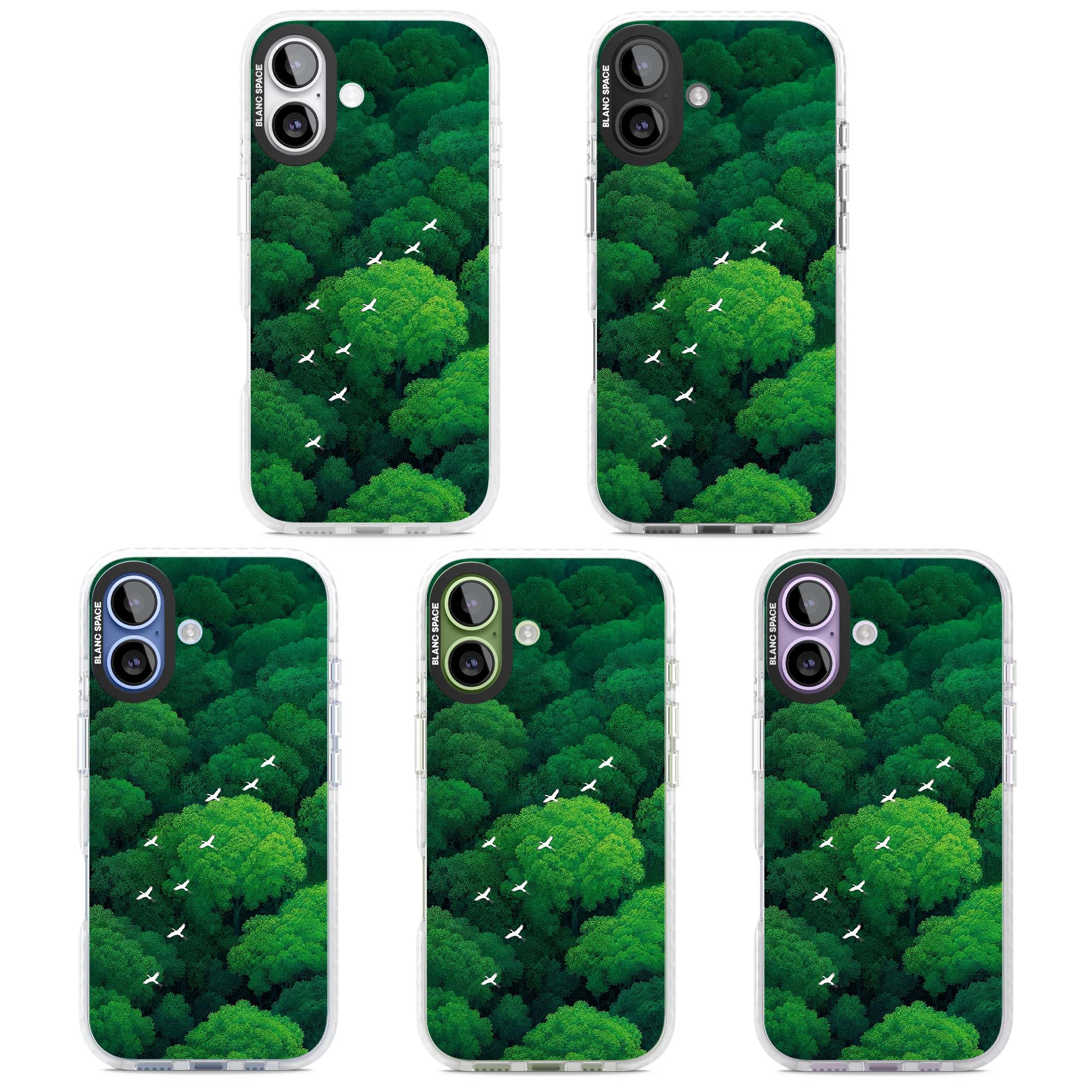 Grove Migration forest iPhone case featuring white cranes flying over lush green treetop canopy | Impact Magsafe case for iPhone 17