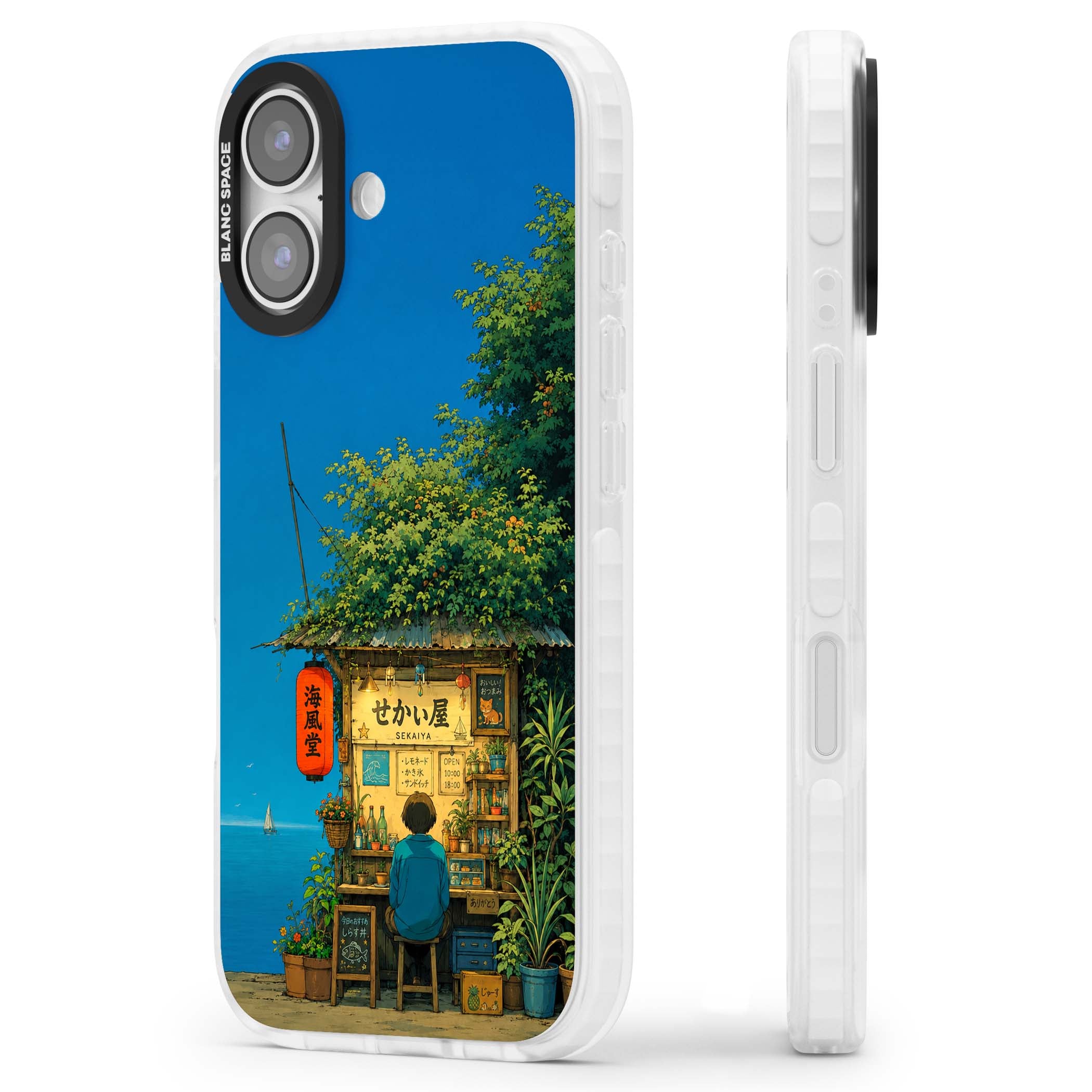 The Shirahama Kiosk anime iPhone case featuring a Japanese seaside shop, red paper lantern and ocean view | Impact Magsafe case for iPhone 17