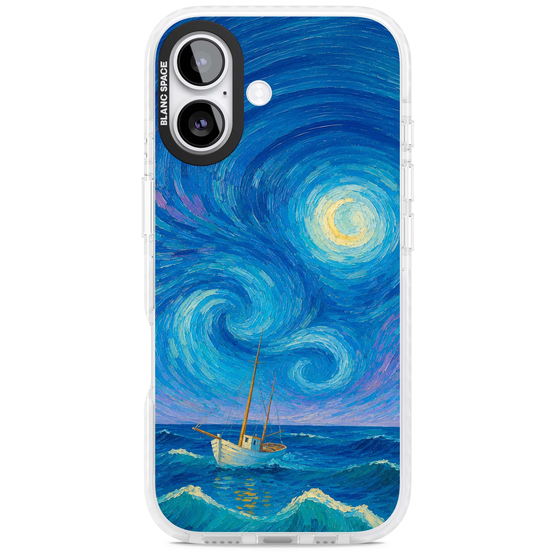 Moonlit Tide Van Gogh art iPhone case featuring swirling starry night sky, glowing moon and lone sailing boat at sea | Impact Magsafe case for iPhone 17