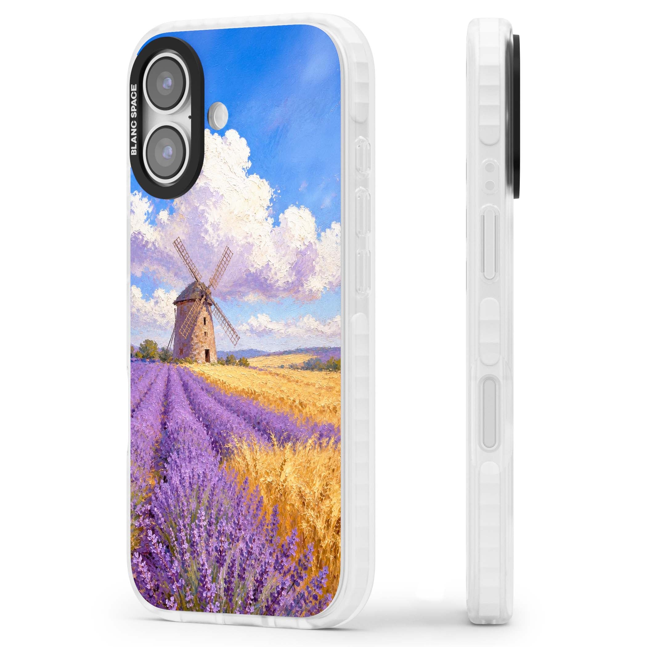 Lavender Mill cottagecore iPhone case featuring a French windmill, lavender field and golden wheat oil painting | Impact Magsafe case for iPhone 17