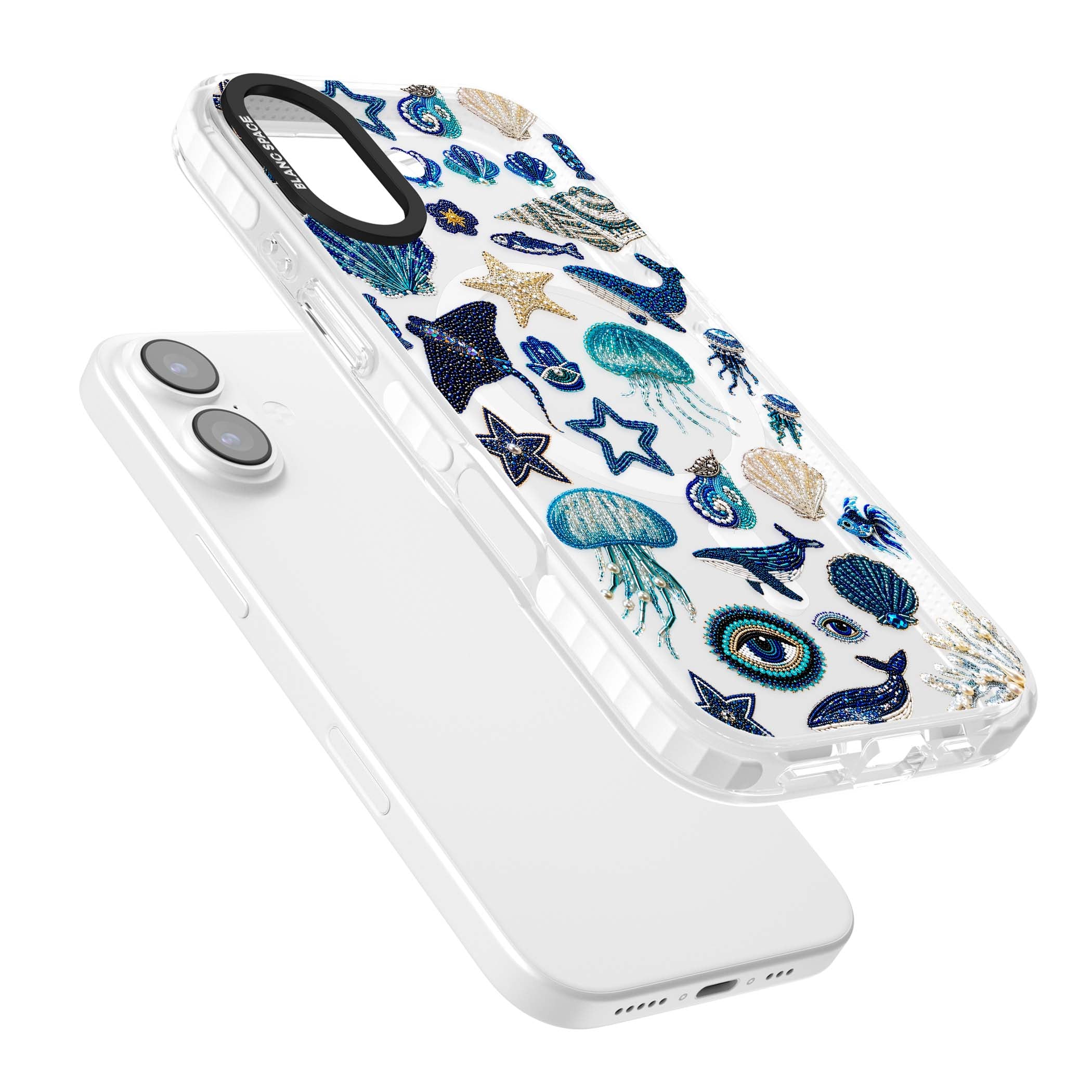 Beaded Coastal coastal iPhone case featuring embroidered seashells, jellyfish and a blue whale on clear | Impact Magsafe case for iPhone 17