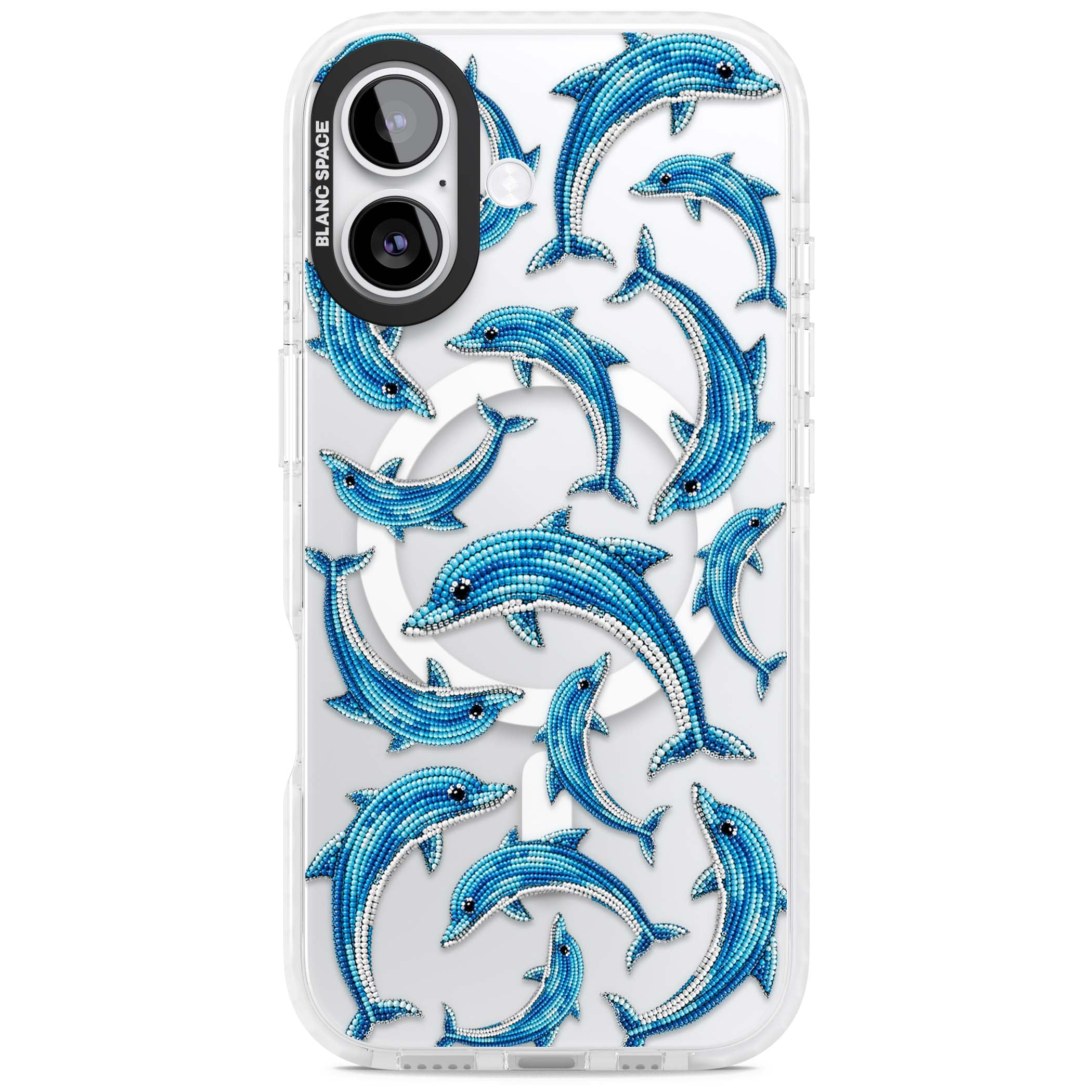 Beaded Dolphins coastal iPhone case featuring beaded dolphins in blue and white swimming across a clear background | Impact Magsafe case for iPhone 17
