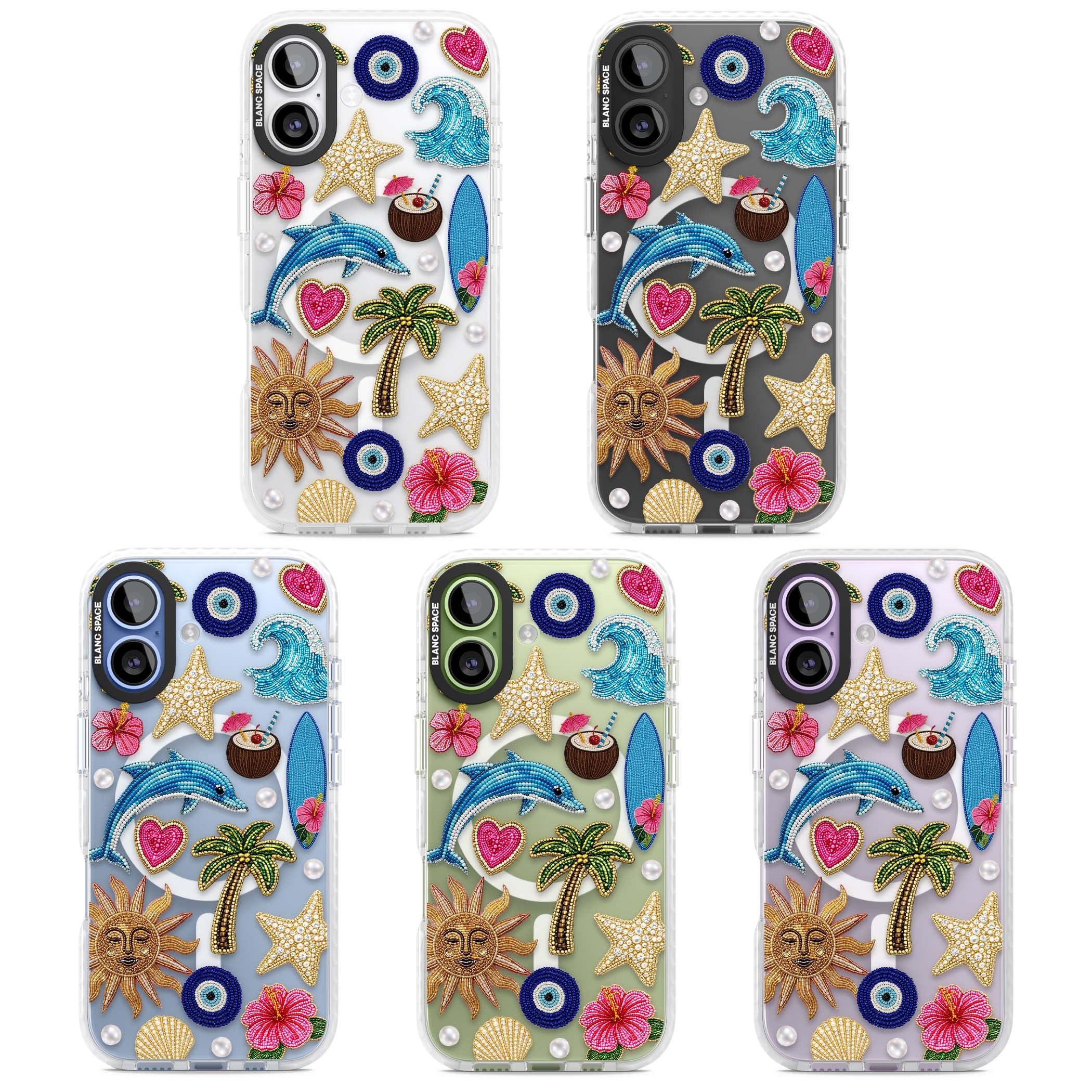 Beaded Beach coastal summer iPhone case featuring embroidered evil eye, hibiscus flowers, dolphin and palm tree patches | Impact Magsafe case for iPhone 17
