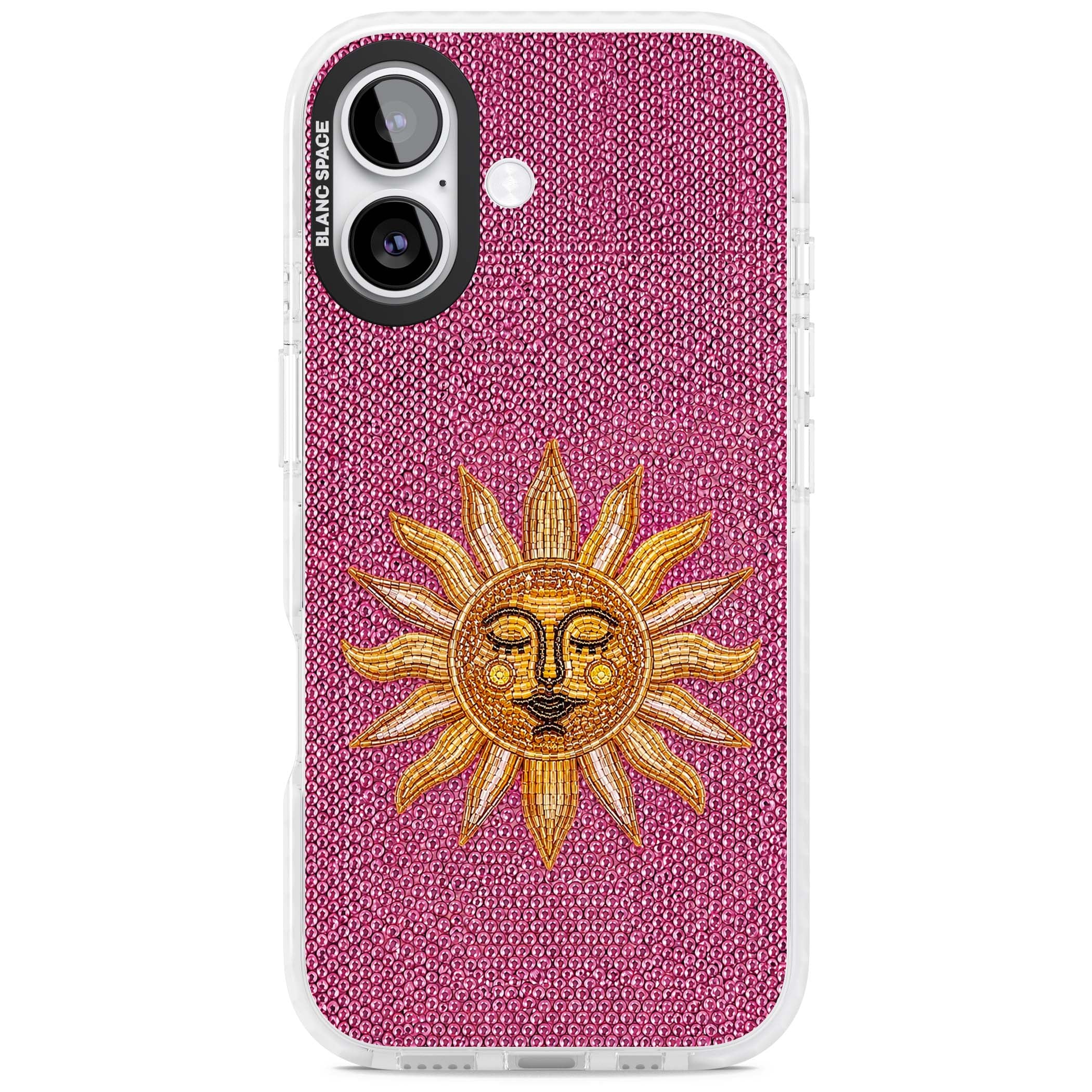 Beaded Sun celestial iPhone case featuring a golden beaded sun face with radiant rays on hot pink beaded background | Impact Magsafe case for iPhone 17