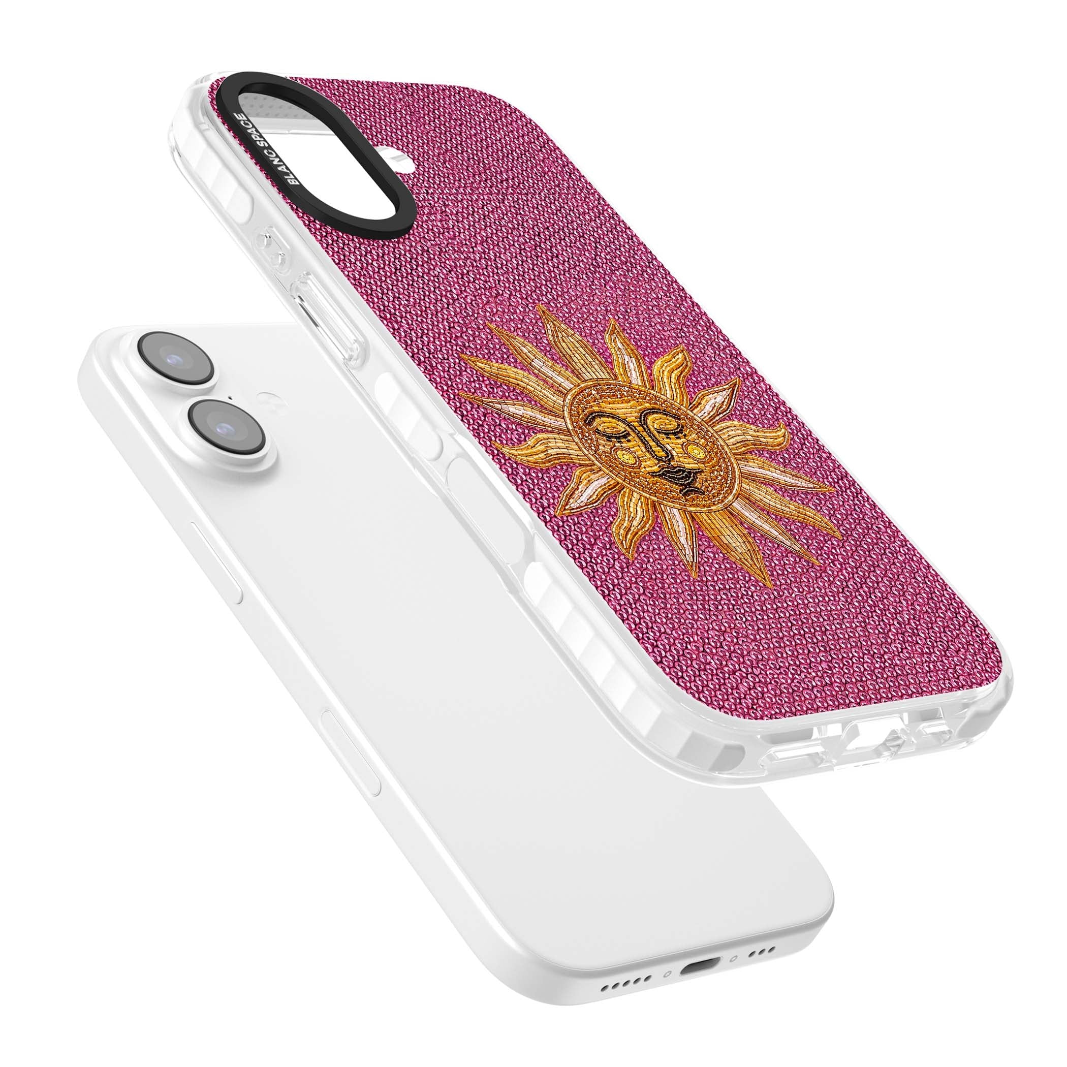 Beaded Sun celestial iPhone case featuring a golden beaded sun face with radiant rays on hot pink beaded background | Impact Magsafe case for iPhone 17