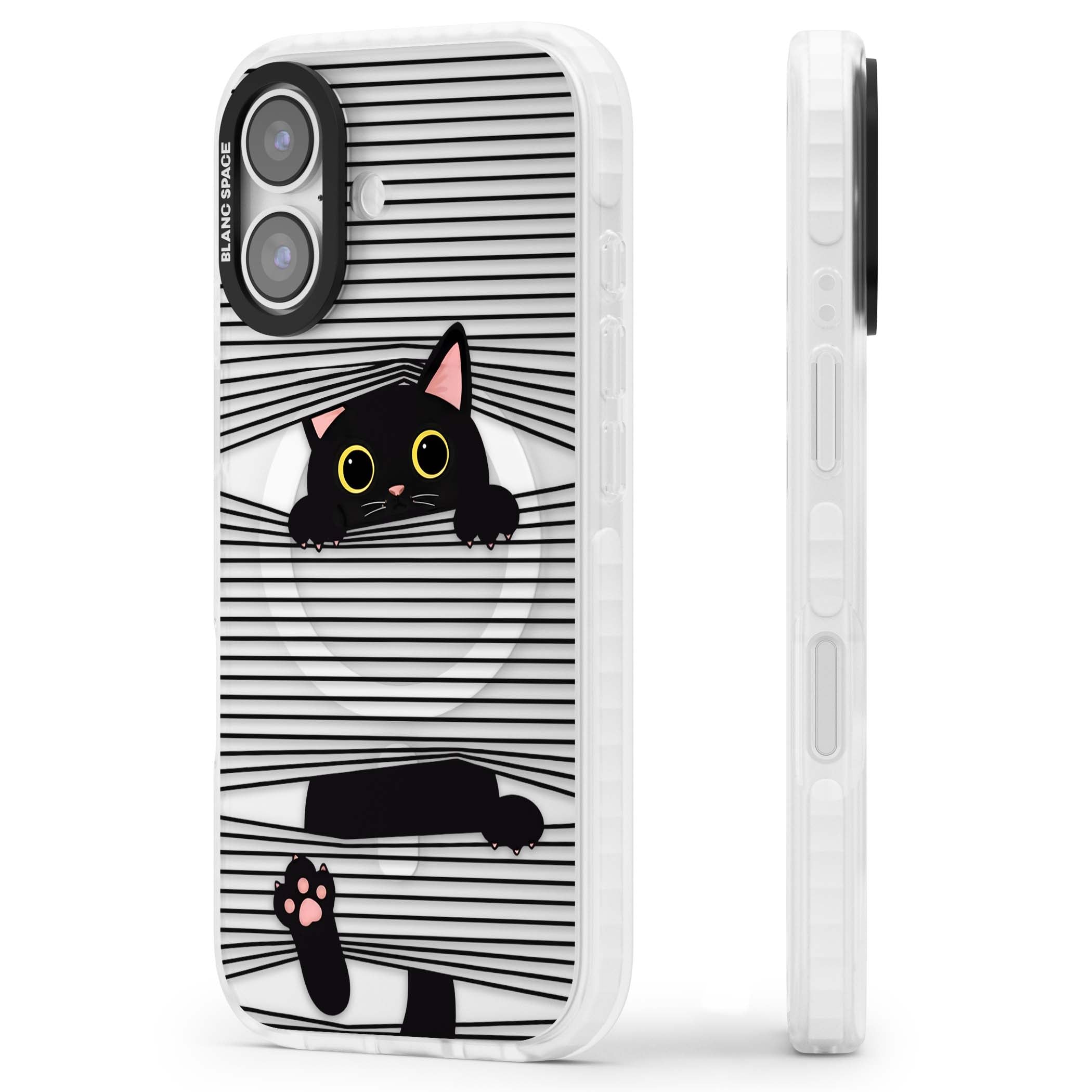 Peek-a-Boo Cat minimal iPhone case featuring black cat peeking through horizontal black and white stripes | Impact Magsafe case for iPhone 17