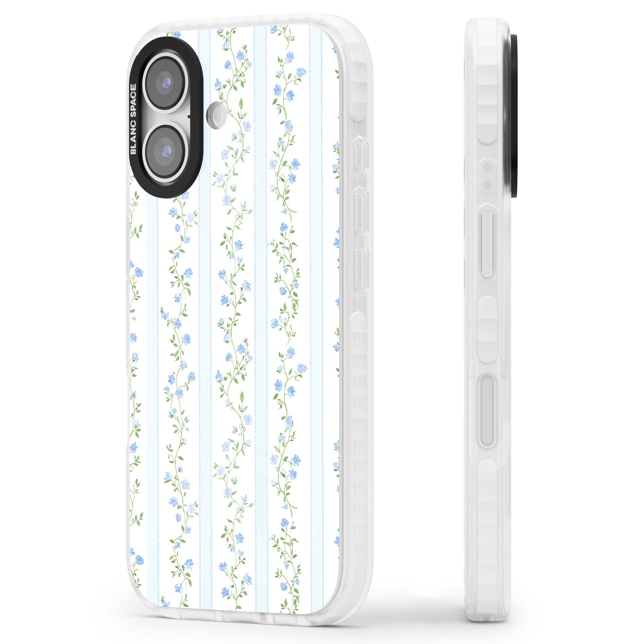 Bluebell Vine cottagecore iPhone case featuring climbing blue roses, trailing green vines, and pale ticking stripes | Impact Magsafe case for iPhone 17