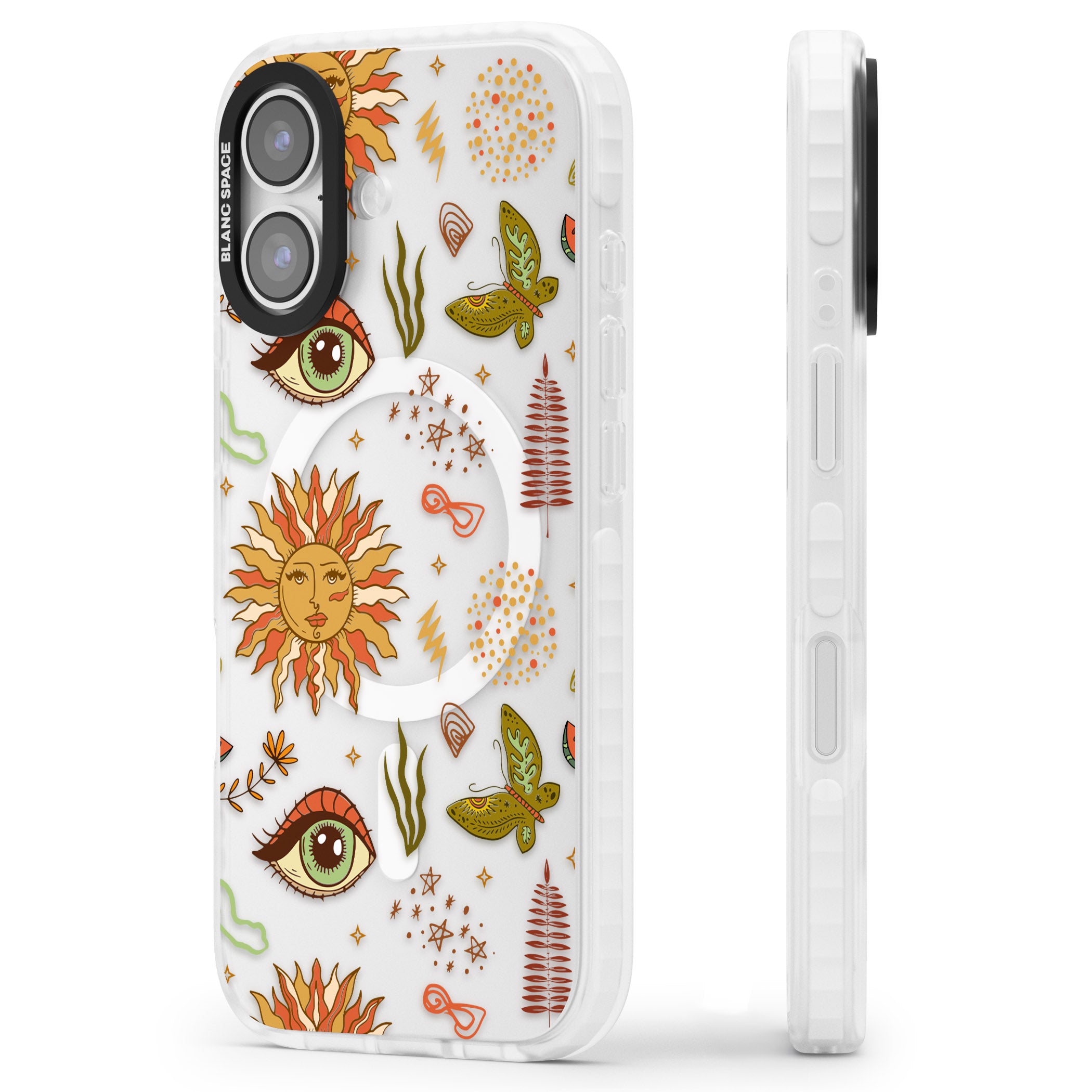 Boho Celestial Sun & Eye Pattern iPhone 17 Impact Pro Clear Phone Case Side Profile