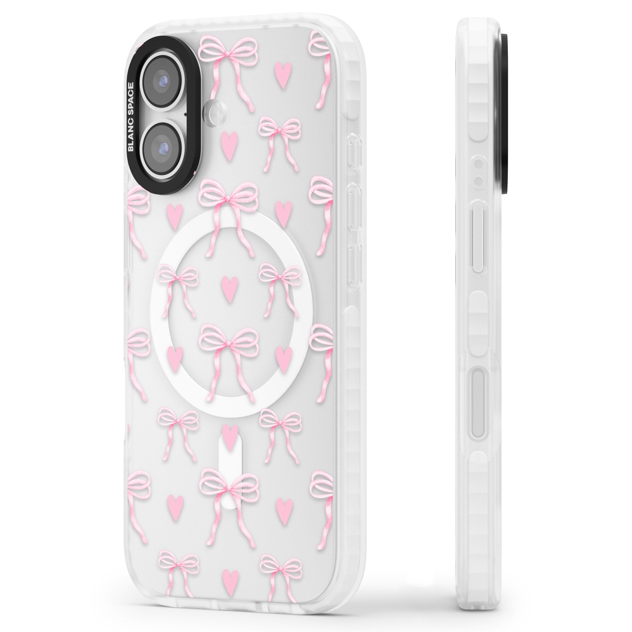 Pink Bows & Hearts iPhone 17 Impact Pro Clear Phone Case Side Profile