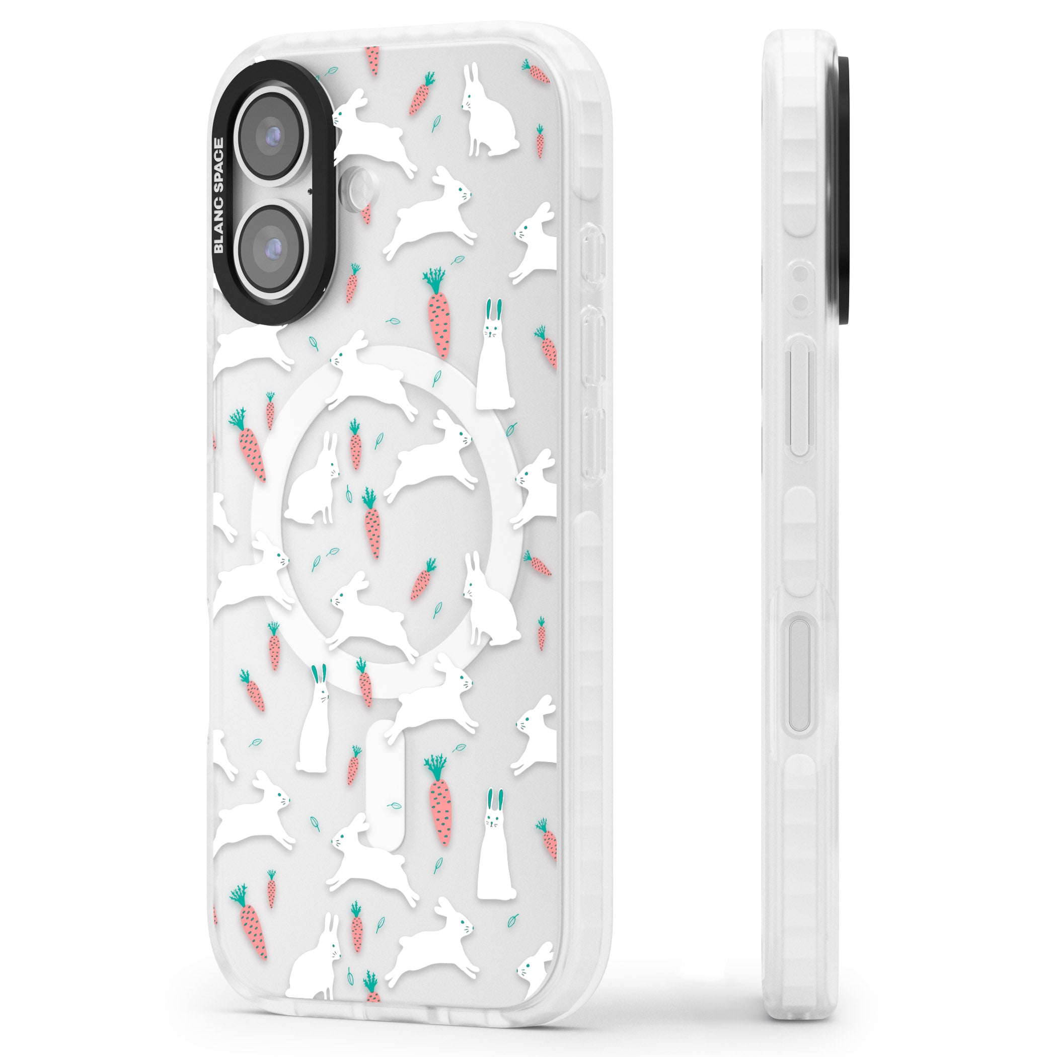 White Bunnies And Carrots iPhone 17 Impact Pro Clear Phone Case Side Profile