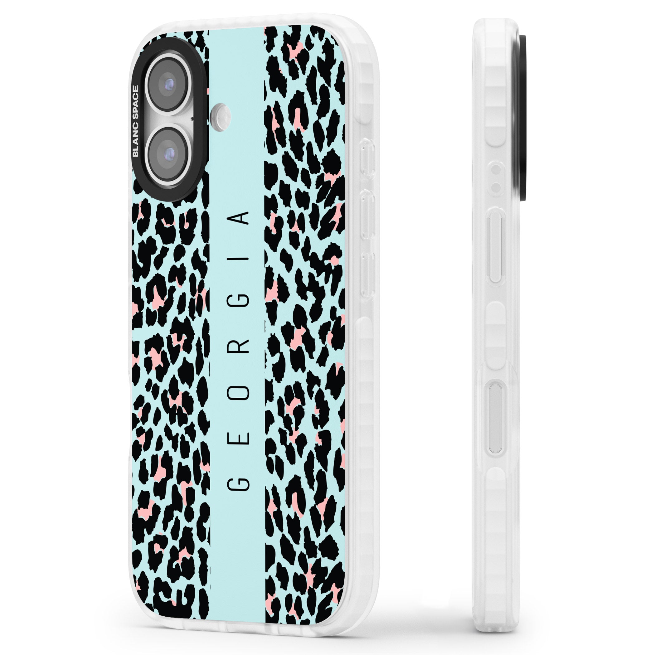 Personalised Blue Leopard iPhone 17 Impact Pro Clear Phone Case Side Profile