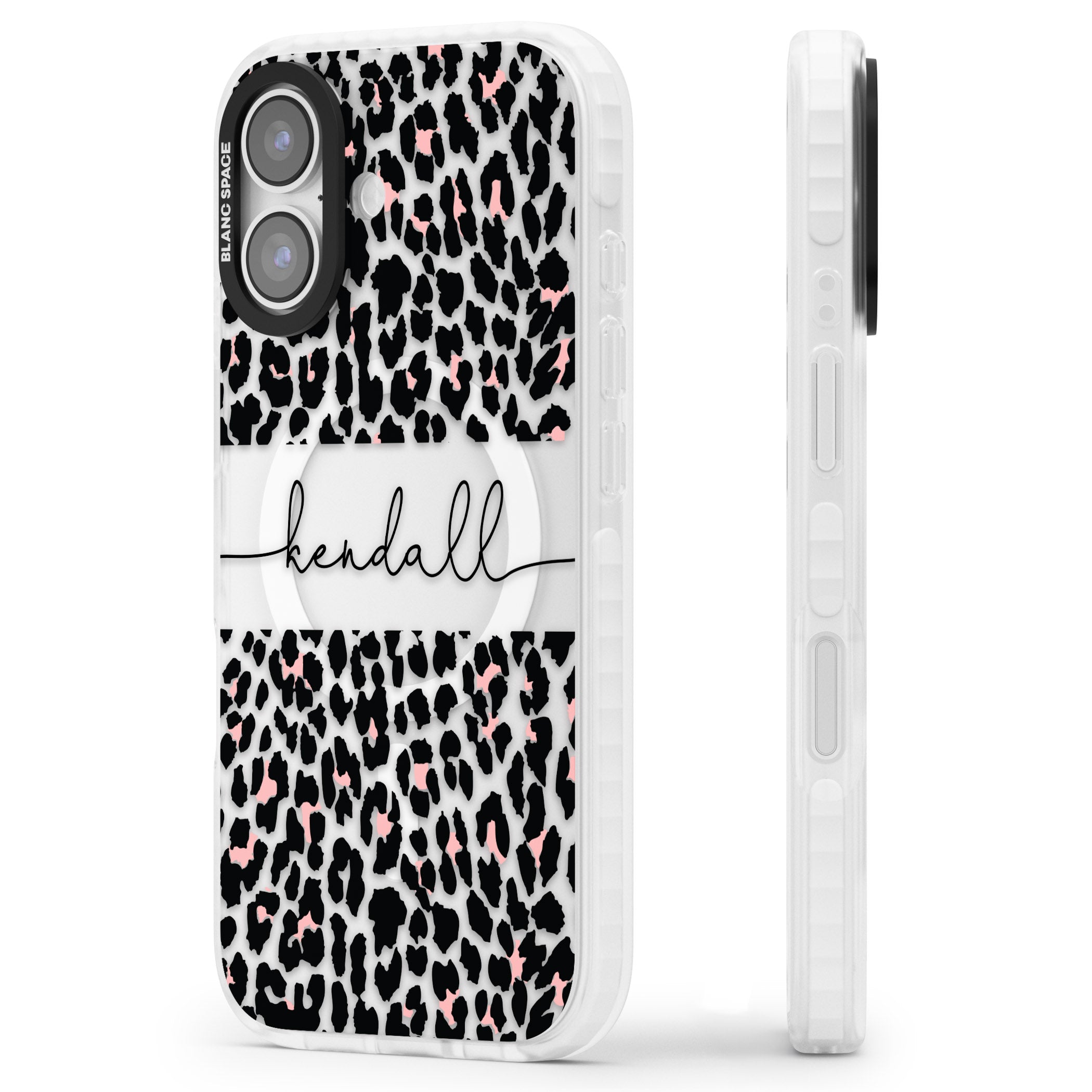 Personalised Cursive Leopard Spots iPhone 17 Impact Pro Clear Phone Case Side Profile