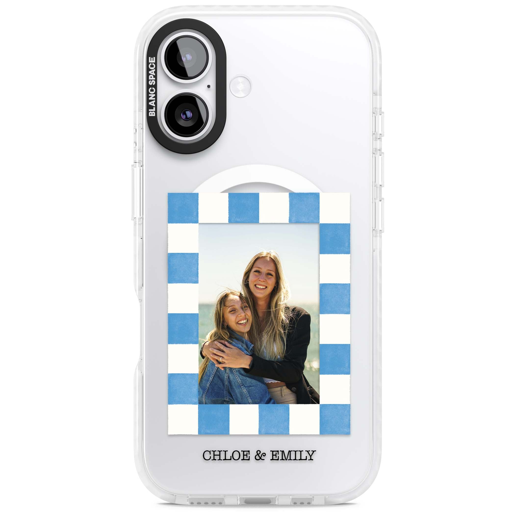 Blue Check Photo personalised photo iPhone case with blue checkered frame and custom couple names | Impact Magsafe case for iPhone 17