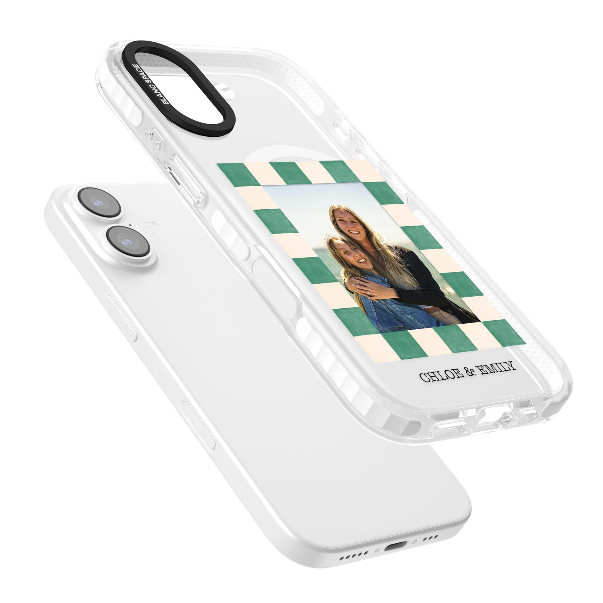 Seafoam Check Photo personalised iPhone case featuring a custom polaroid photo, green and cream checkered frame, and custom n | Impact Magsafe case for iPhone 17