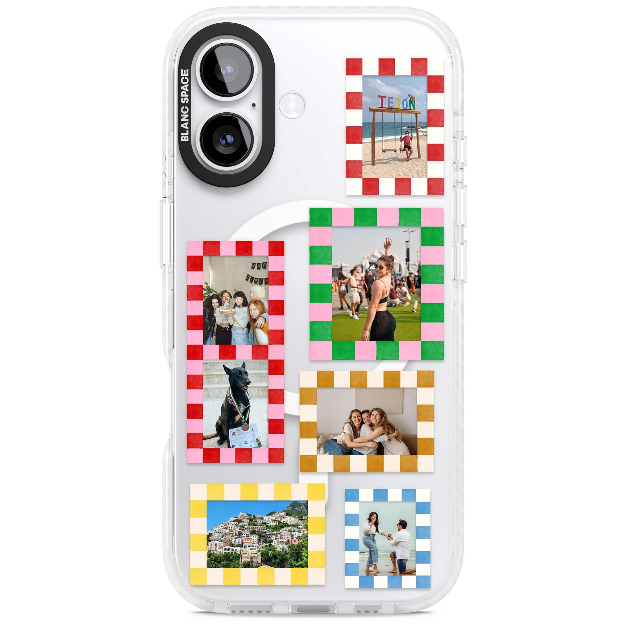 Italian Check Frames custom photo collage iPhone case featuring six checkered photo frames in red, green, pink and | Impact Magsafe case for iPhone 17