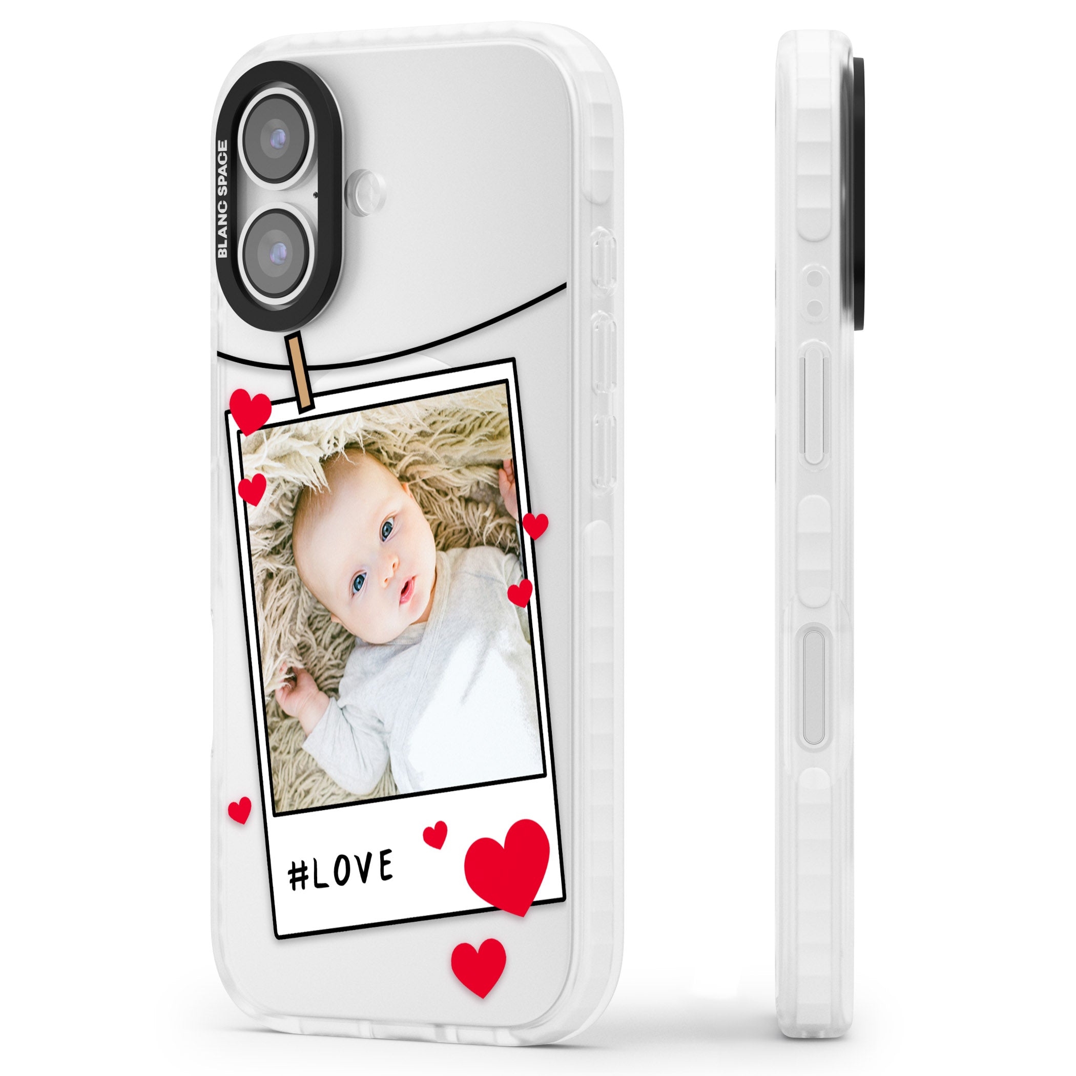 Personalised Paperclip & Hearts Instant Camera Photo iPhone 17 Impact Pro Clear Phone Case Side Profile
