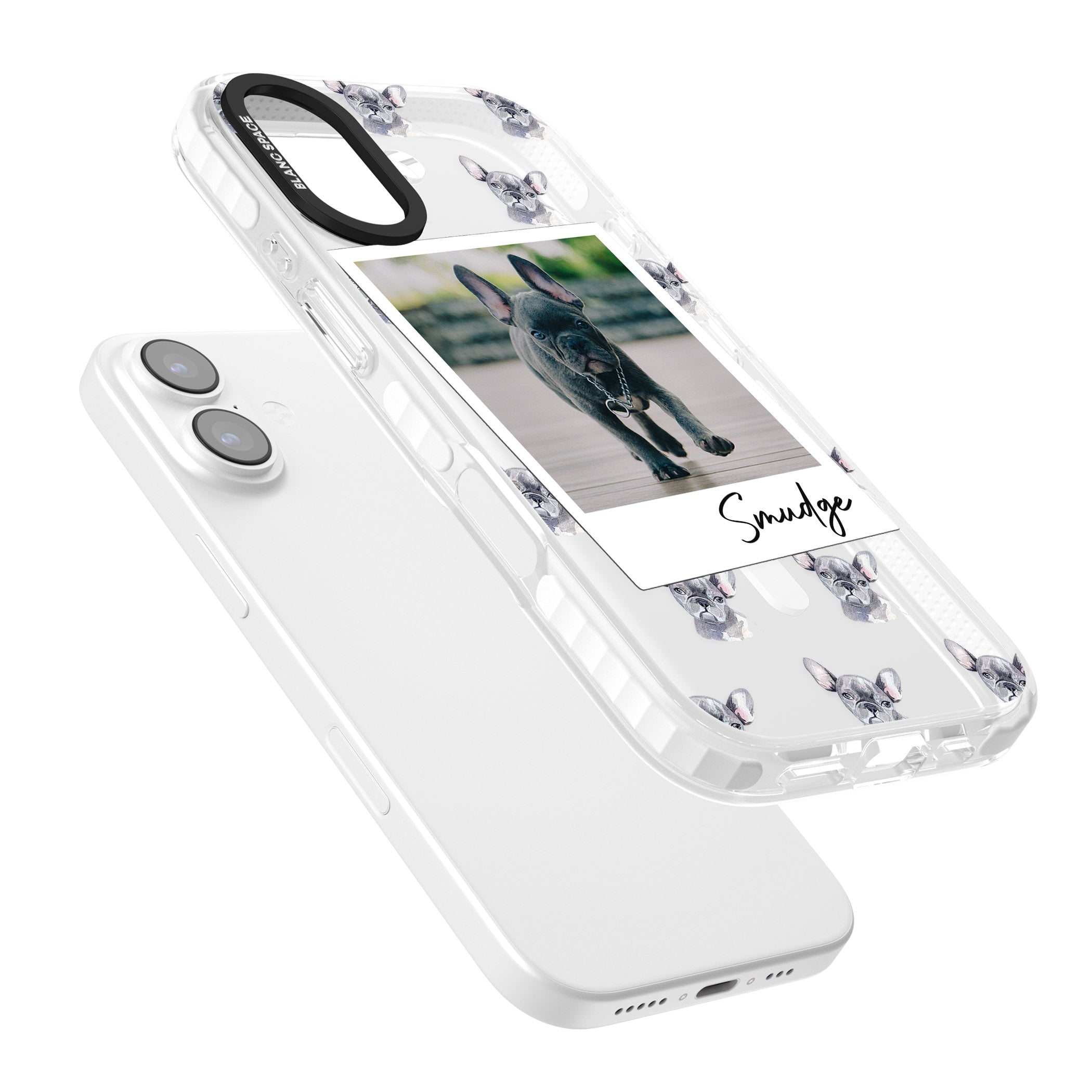 Personalised Grey French Bulldog Instant Camera Photo iPhone 17 Impact Pro Clear Phone Case Colours
