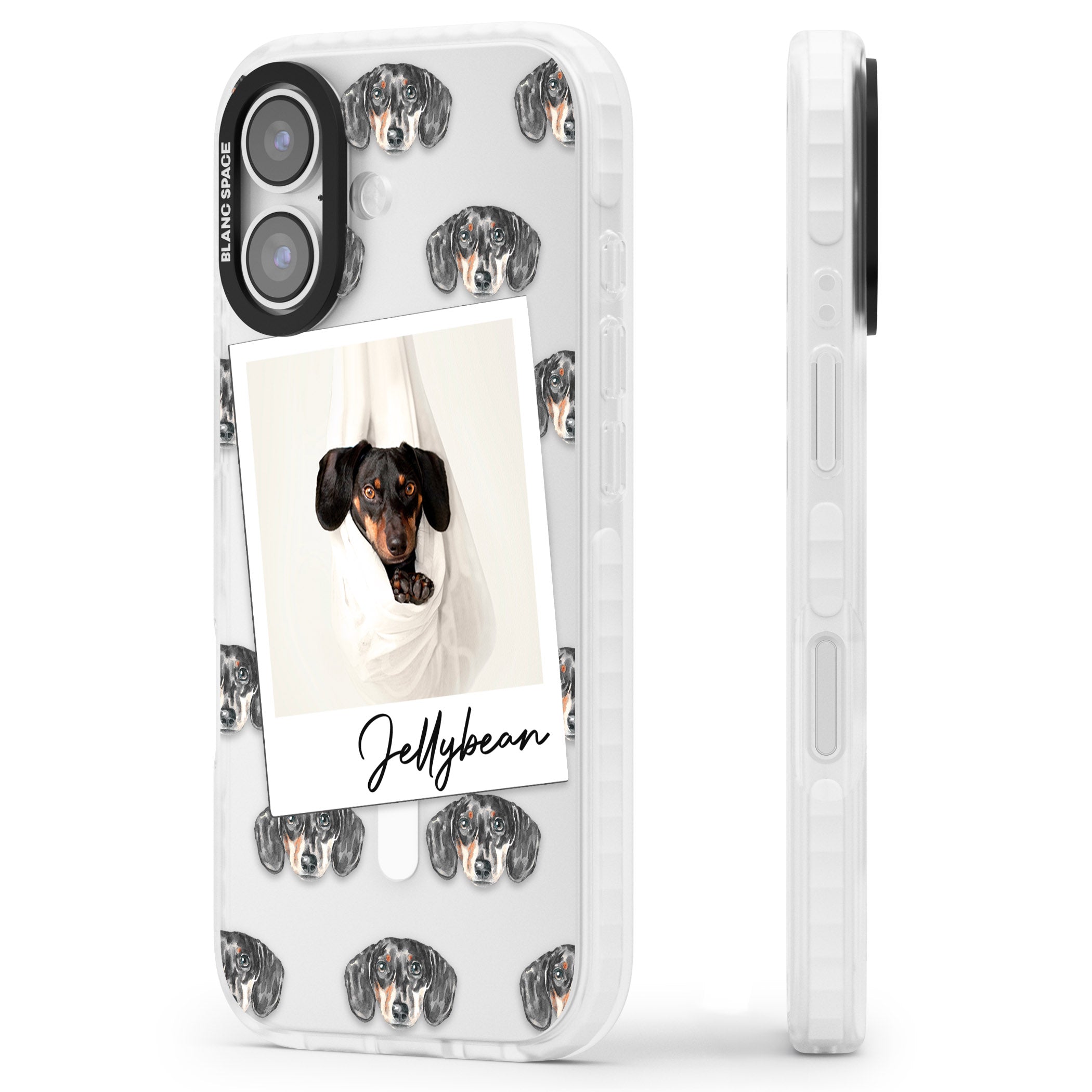 Personalised Black Dachshund Instant Camera Photo iPhone 17 Impact Pro Clear Phone Case Side Profile
