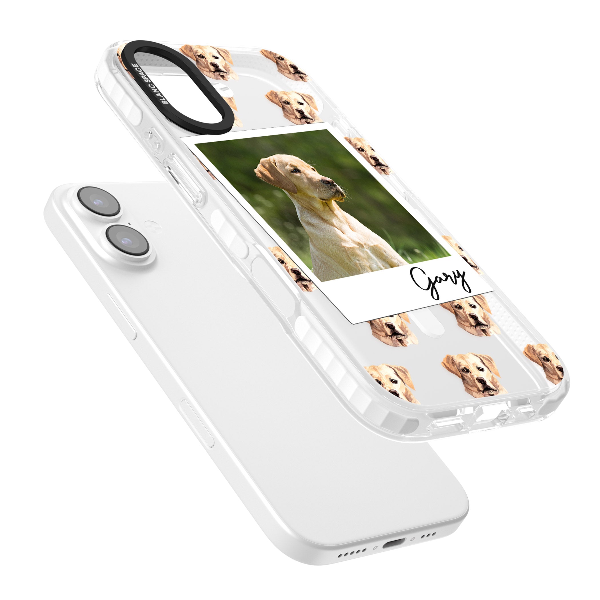 Personalised Tan Black Labrador Instant Camera Photo iPhone 17 Impact Pro Clear Phone Case Colours