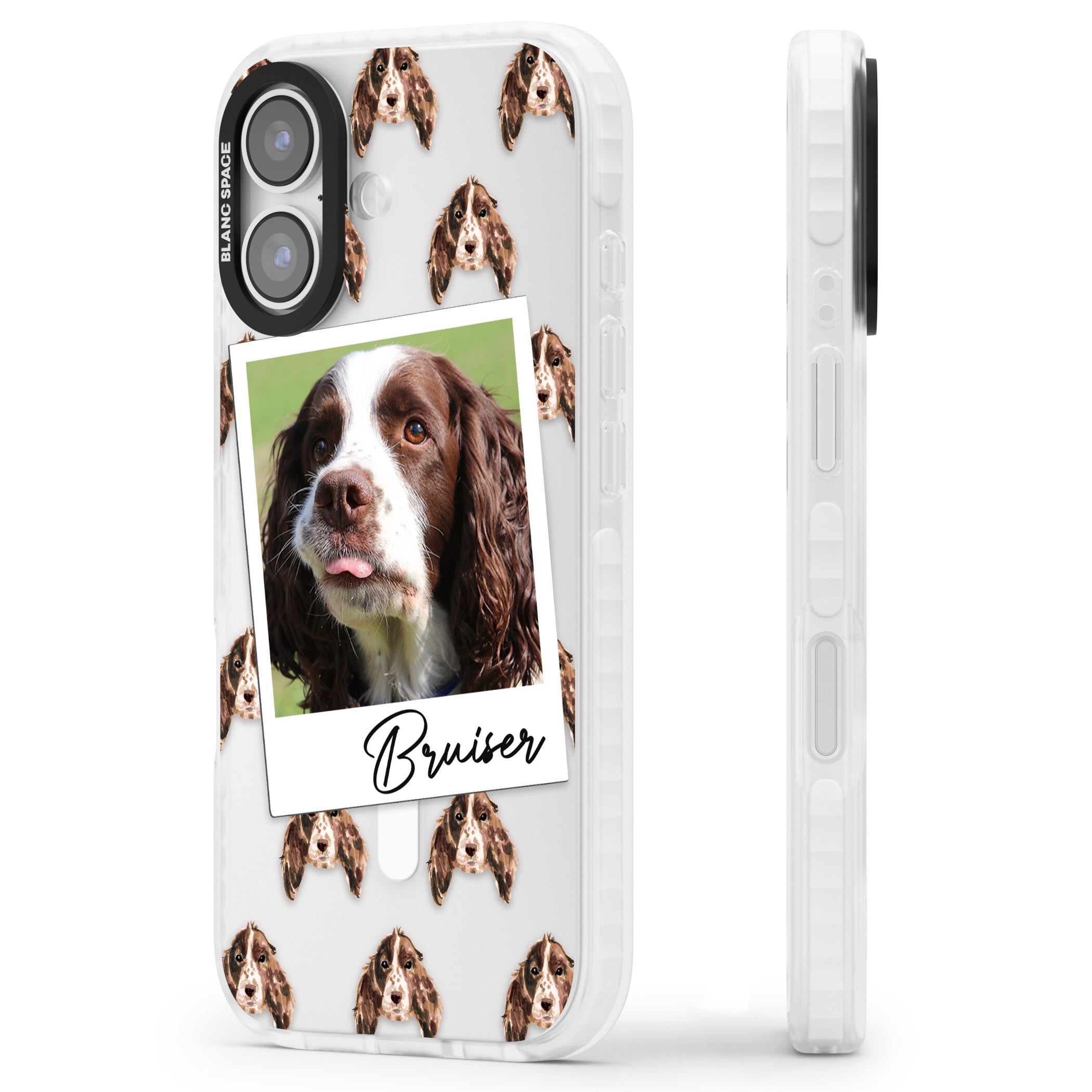 Personalised Springer Spaniel Instant Camera Photo iPhone 17 Impact Pro Clear Phone Case Side Profile