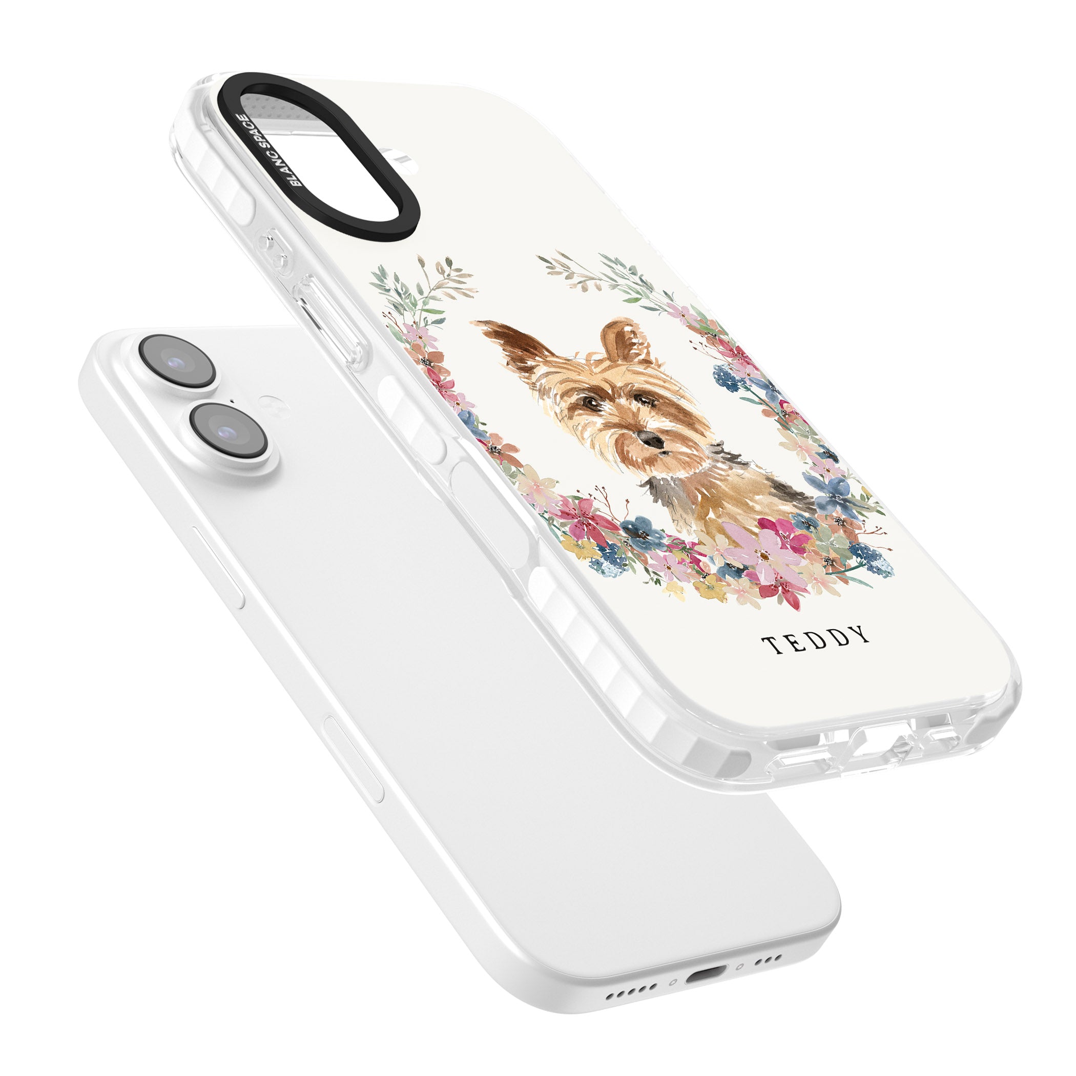 Personalised Yorkshire Terrier Floral Portrait iPhone 17 Impact Pro Clear Phone Case Colours