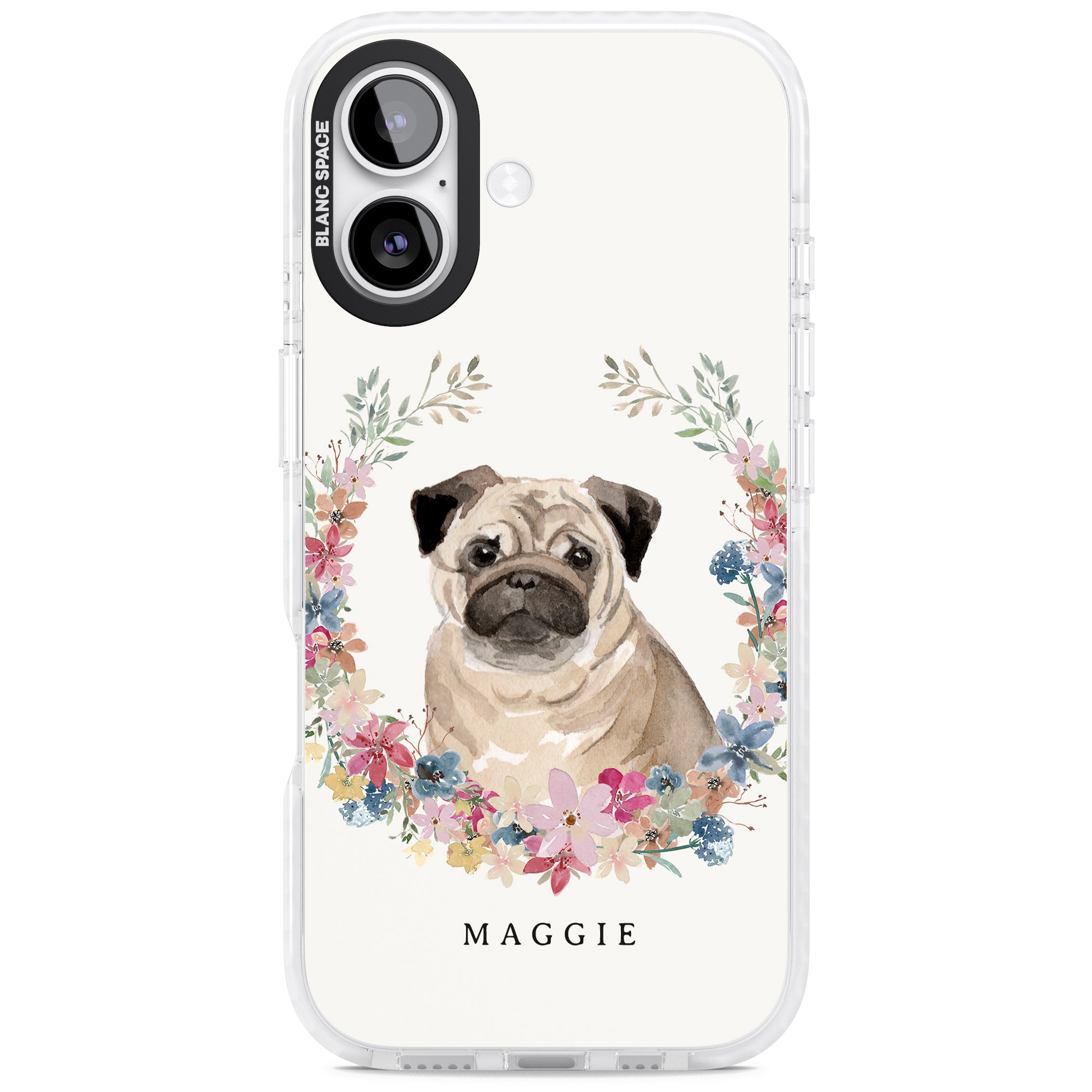 Personalised Pug Floral Portrait iPhone 17 Impact Pro Clear Phone Case