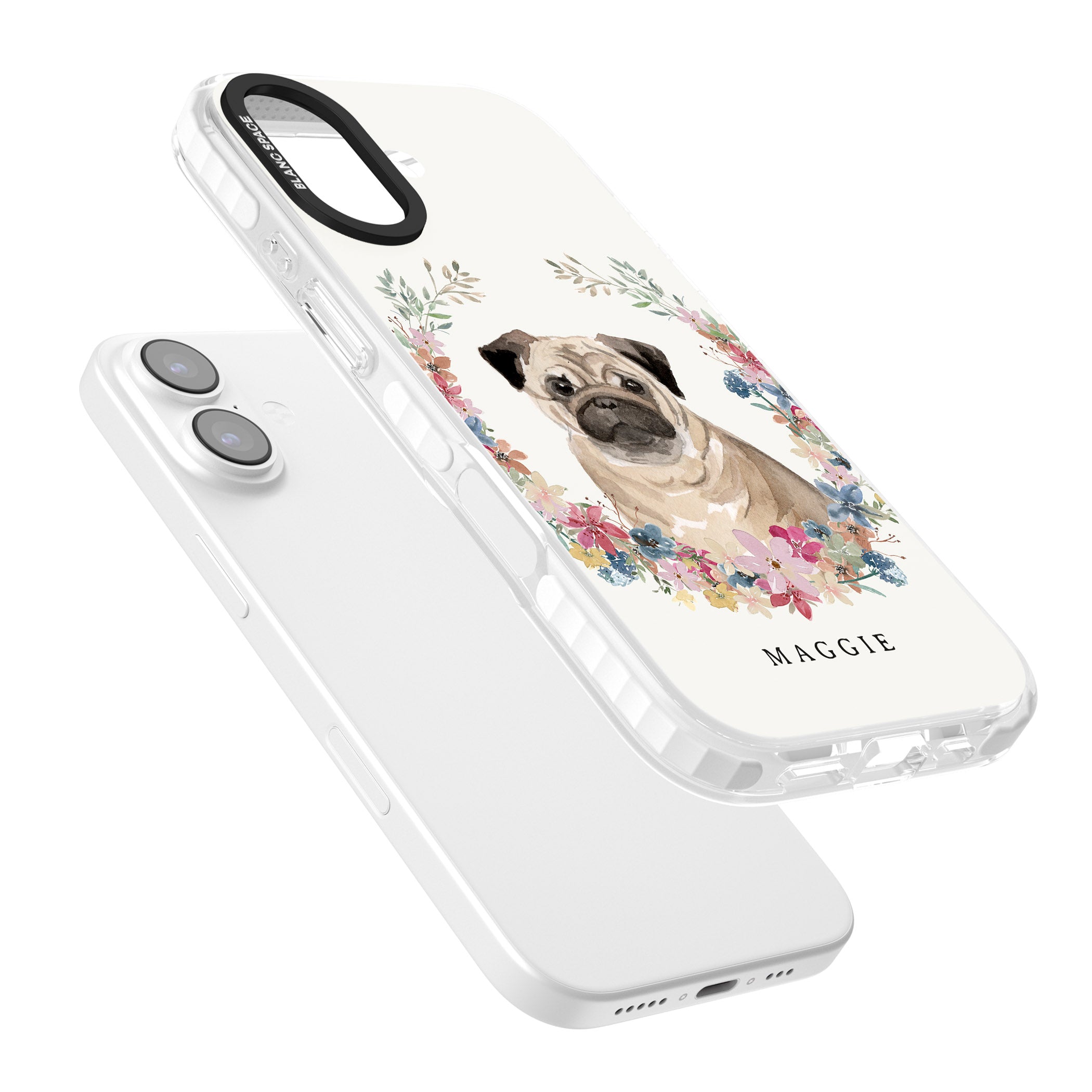 Personalised Pug Floral Portrait iPhone 17 Impact Pro Clear Phone Case Colours
