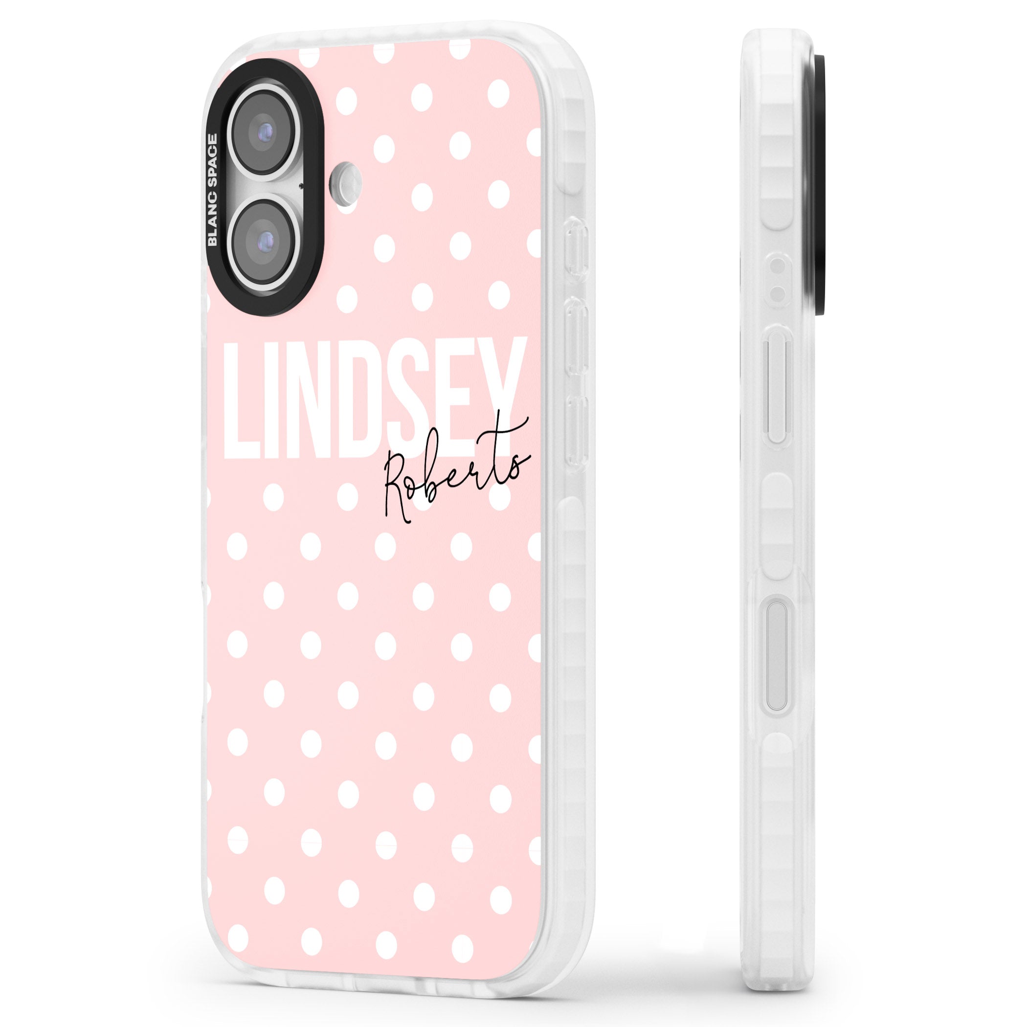 Personalised Pink Polka iPhone 17 Impact Pro Clear Phone Case Side Profile