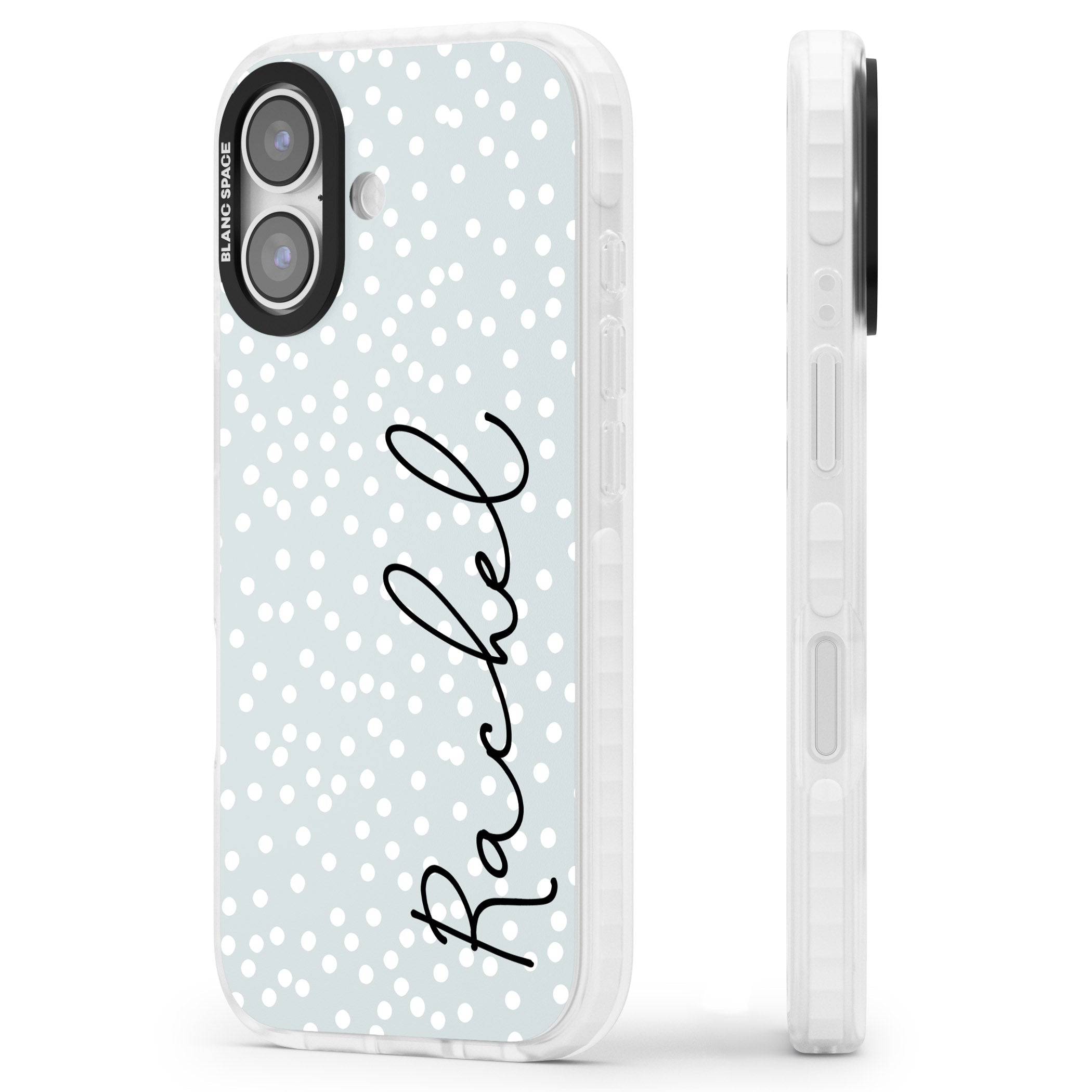 Personalised Vertical Cursive & Dots iPhone 17 Impact Pro Clear Phone Case Side Profile