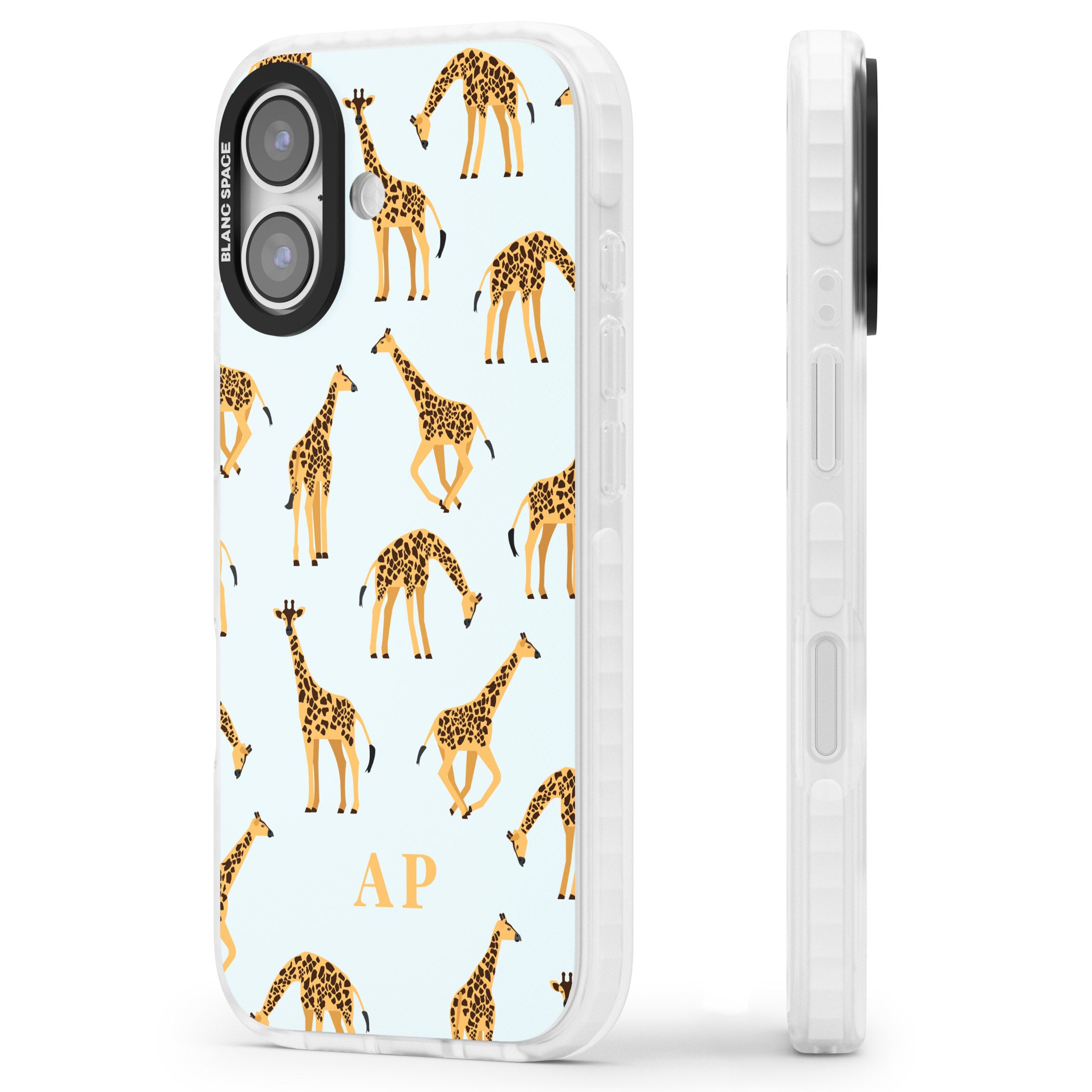 Personalised Safari Giraffe Pattern On Blue iPhone 17 Impact Pro Clear Phone Case Side Profile