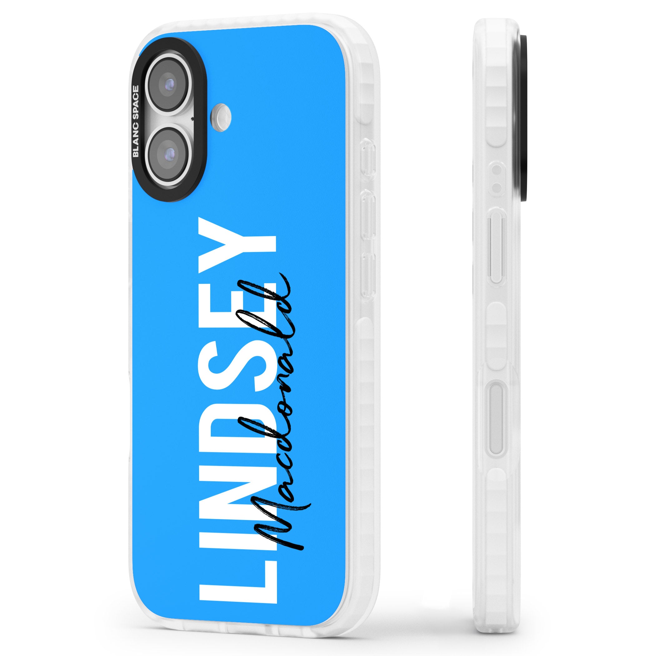 Personalised Bold Name: Blue iPhone 17 Impact Pro Clear Phone Case Side Profile